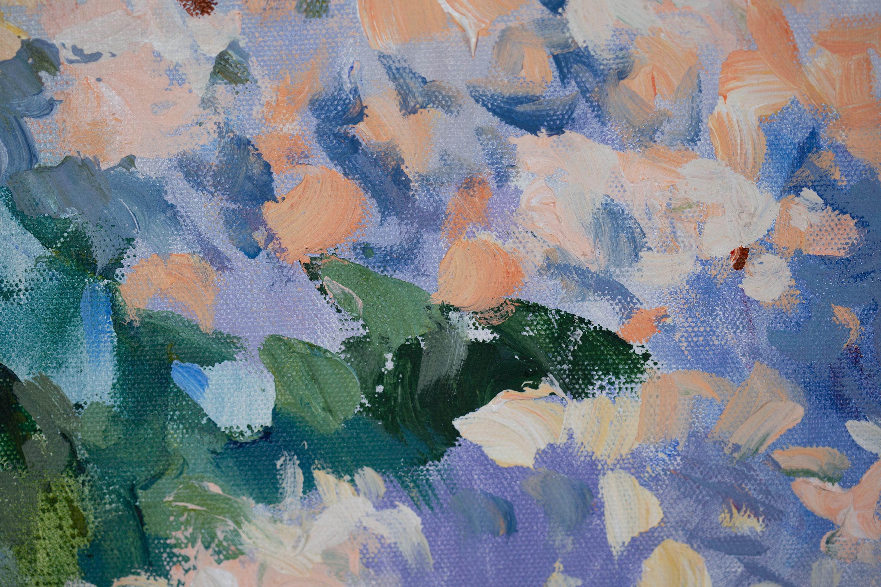 Sunny Lilac.  Quadro orizzontale, acrilico, fiori, floreale, lilla, blu. in vendita 5