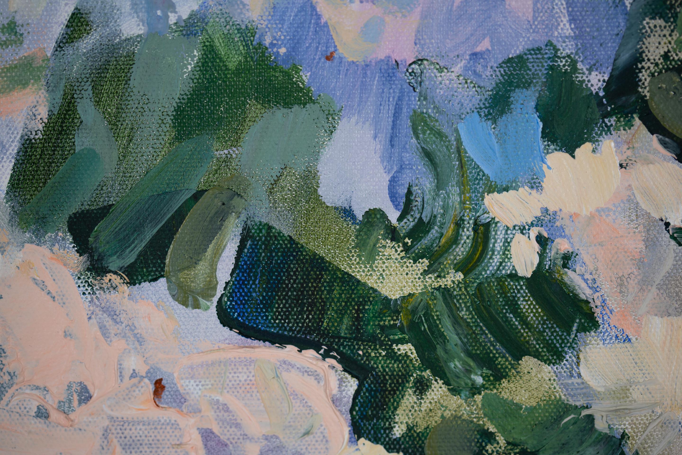Sunny Lilac.  Quadro orizzontale, acrilico, fiori, floreale, lilla, blu. in vendita 7