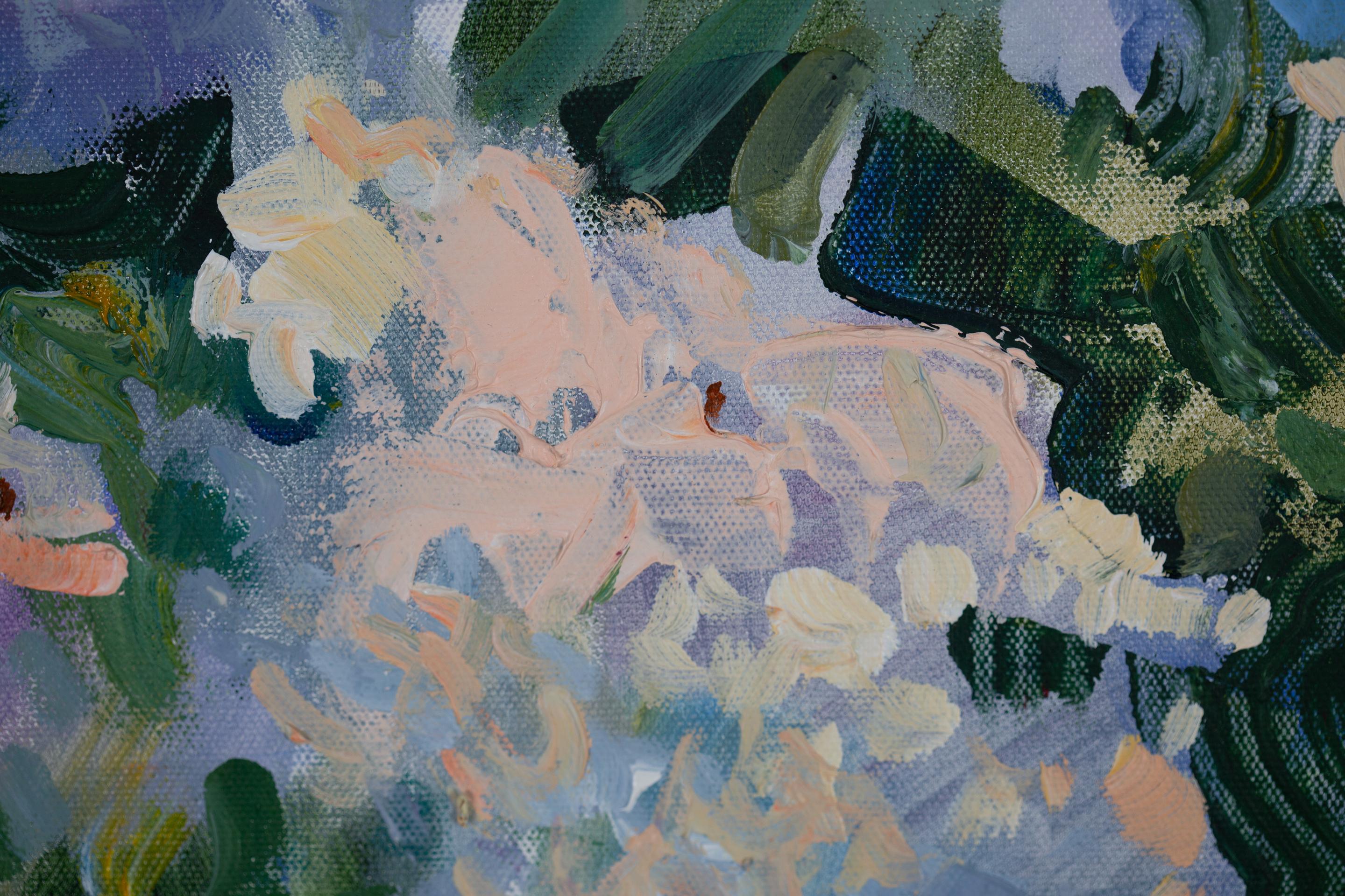 Sunny Lilac.  Quadro orizzontale, acrilico, fiori, floreale, lilla, blu. in vendita 9