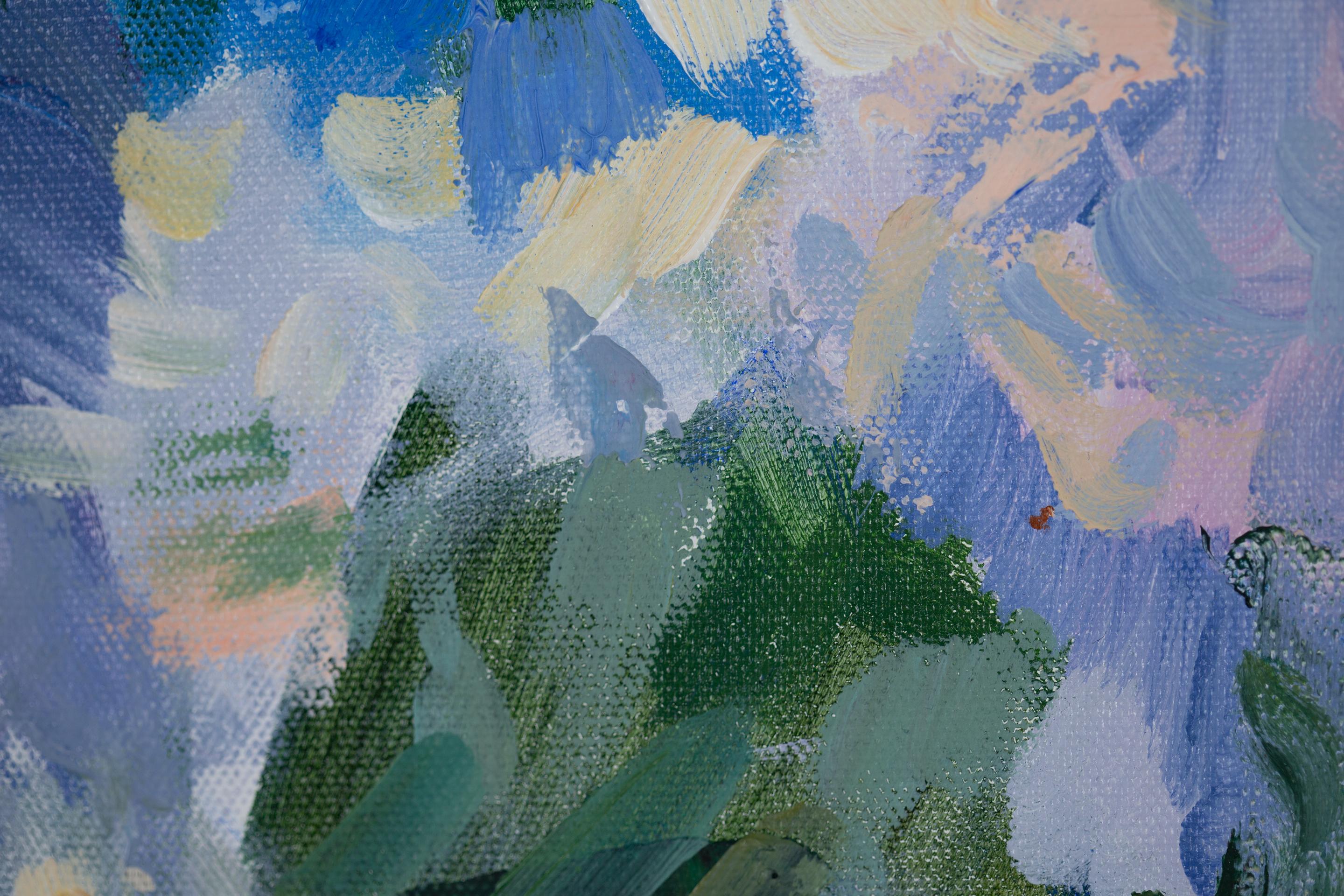 Sunny Lilac.  Quadro orizzontale, acrilico, fiori, floreale, lilla, blu. in vendita 11
