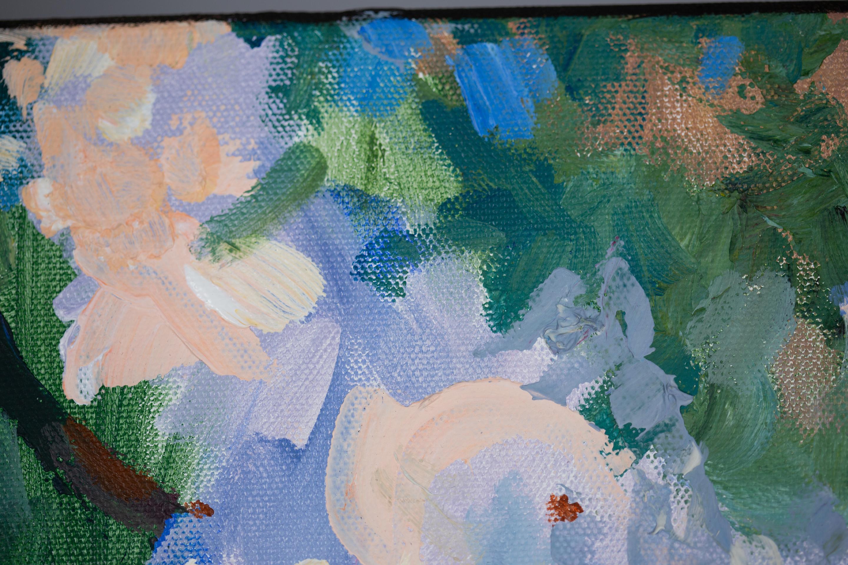 Sunny Lilac.  Quadro orizzontale, acrilico, fiori, floreale, lilla, blu. in vendita 12