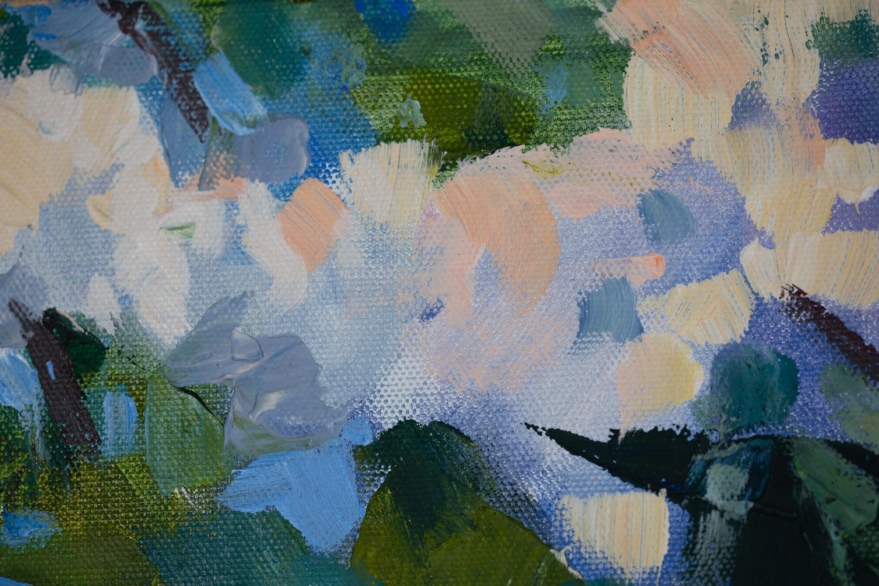 Sunny Lilac.  Quadro orizzontale, acrilico, fiori, floreale, lilla, blu. in vendita 13