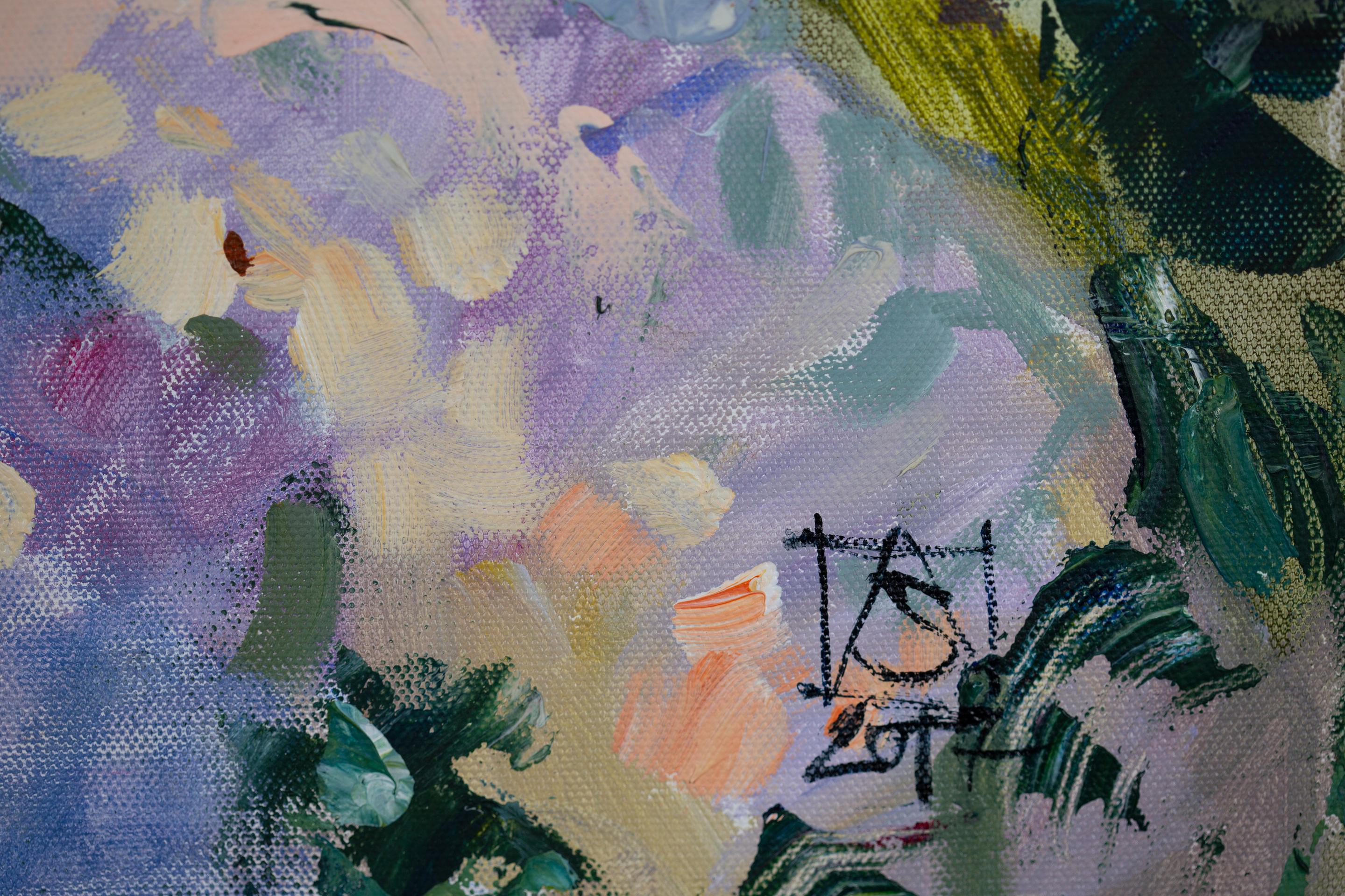 Sunny Lilac.  Quadro orizzontale, acrilico, fiori, floreale, lilla, blu. - Landscape Painting Grigio di Anna Shesterikova