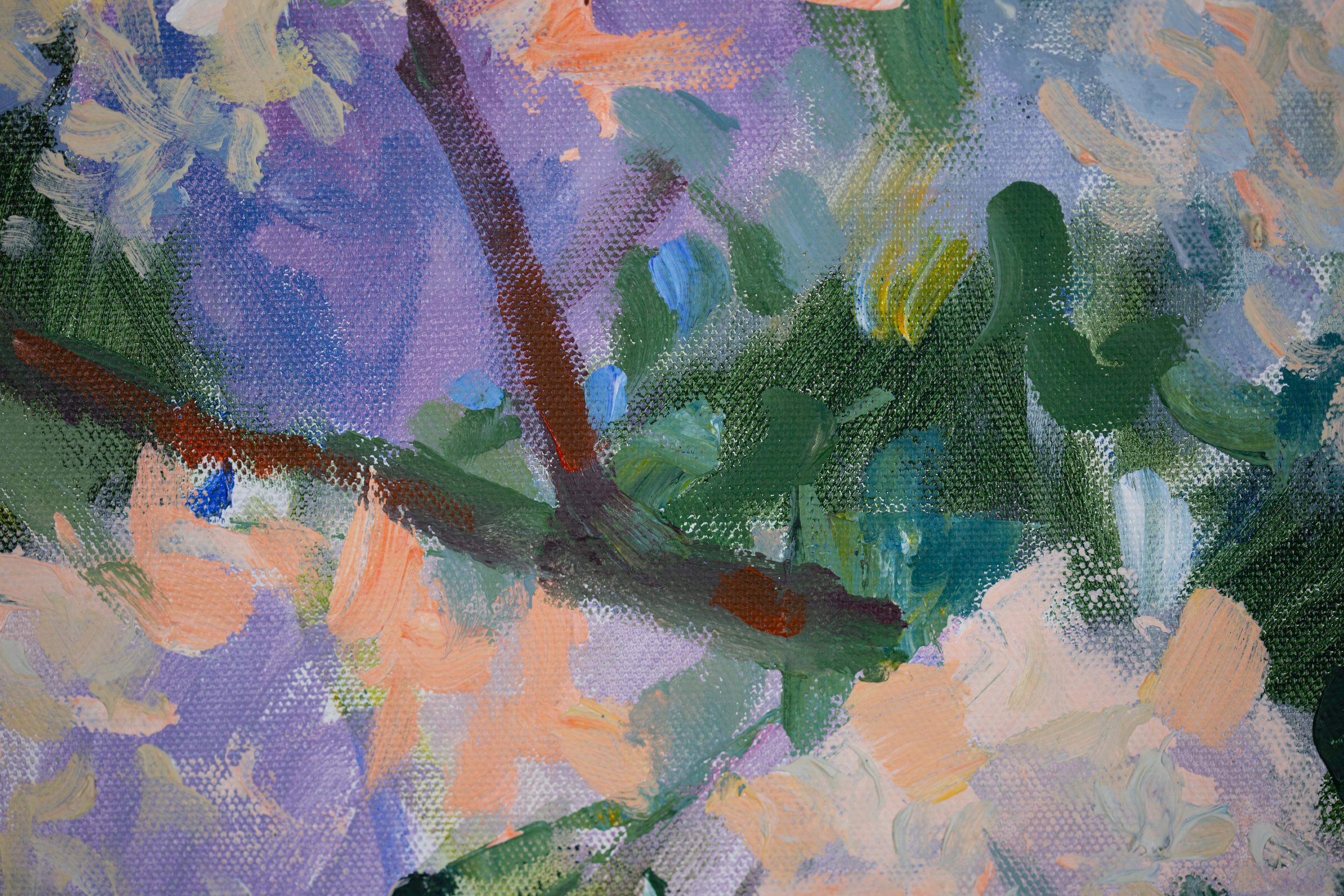 Sunny Lilac.  Quadro orizzontale, acrilico, fiori, floreale, lilla, blu. in vendita 1