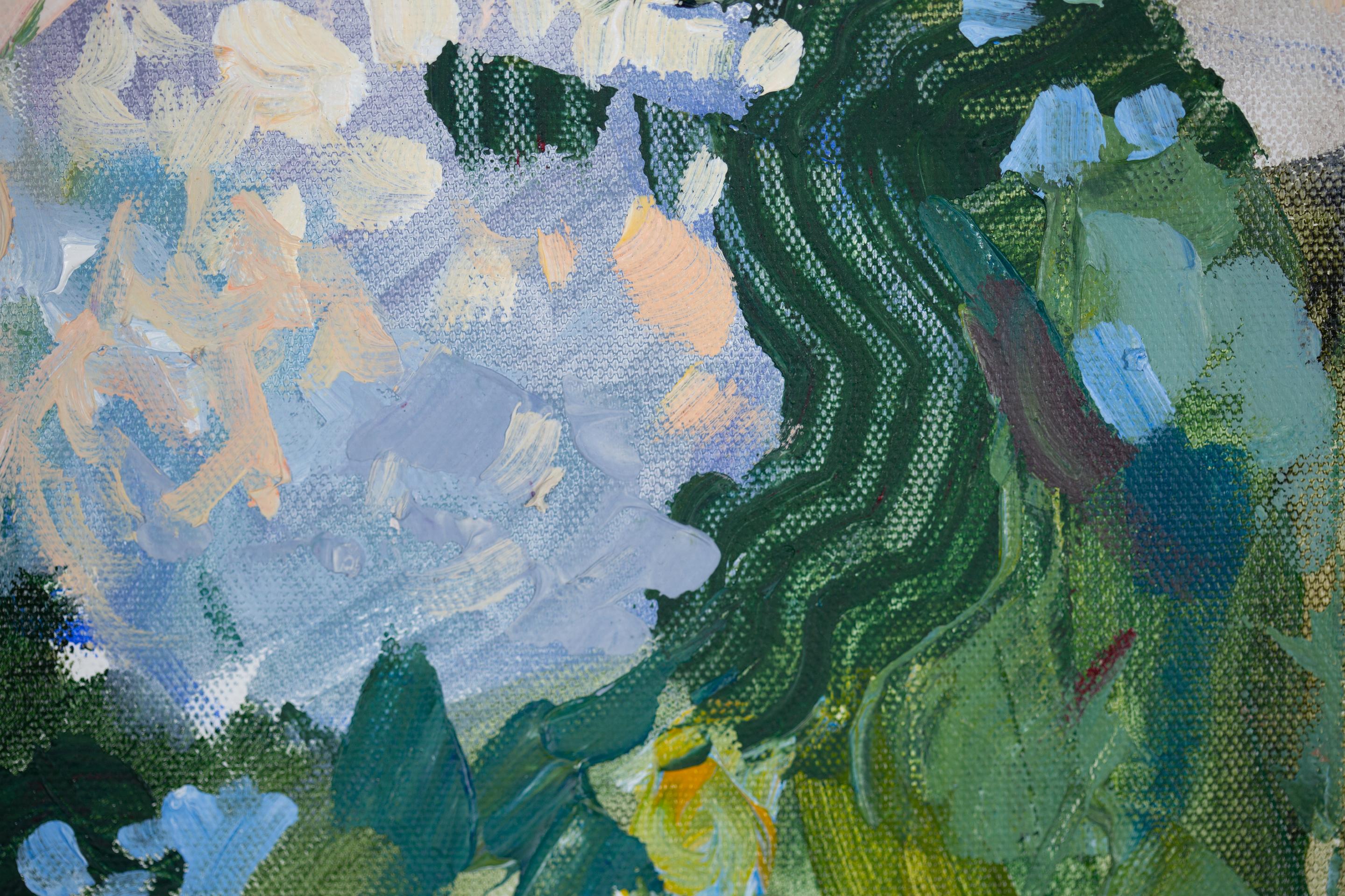 Sunny Lilac.  Quadro orizzontale, acrilico, fiori, floreale, lilla, blu. in vendita 3