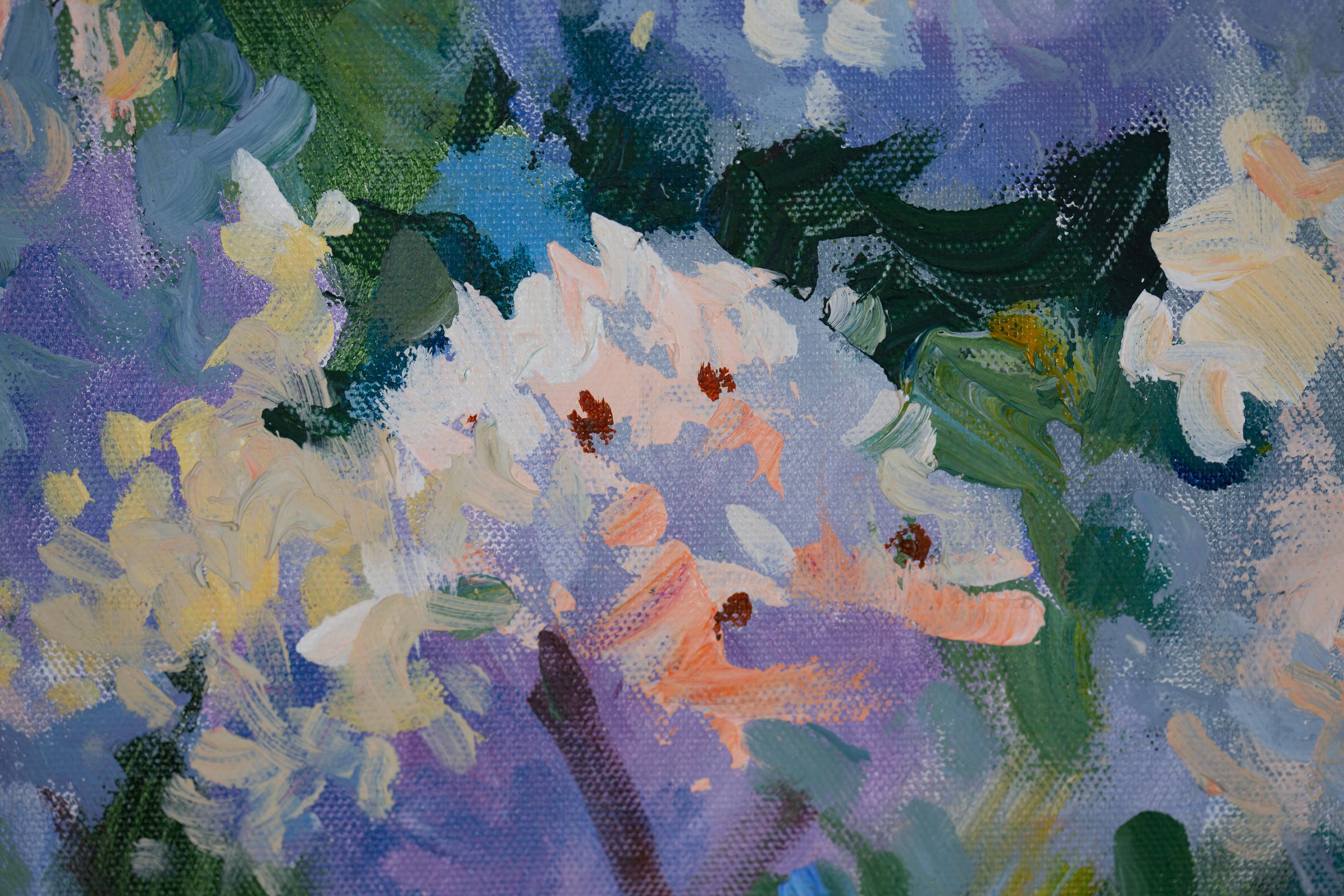 Sunny Lilac.  Quadro orizzontale, acrilico, fiori, floreale, lilla, blu. in vendita 4