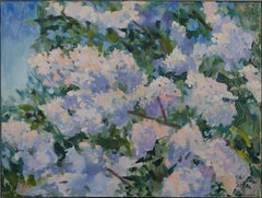 Sunny Lilac.  Quadro orizzontale, acrilico, fiori, floreale, lilla, blu.