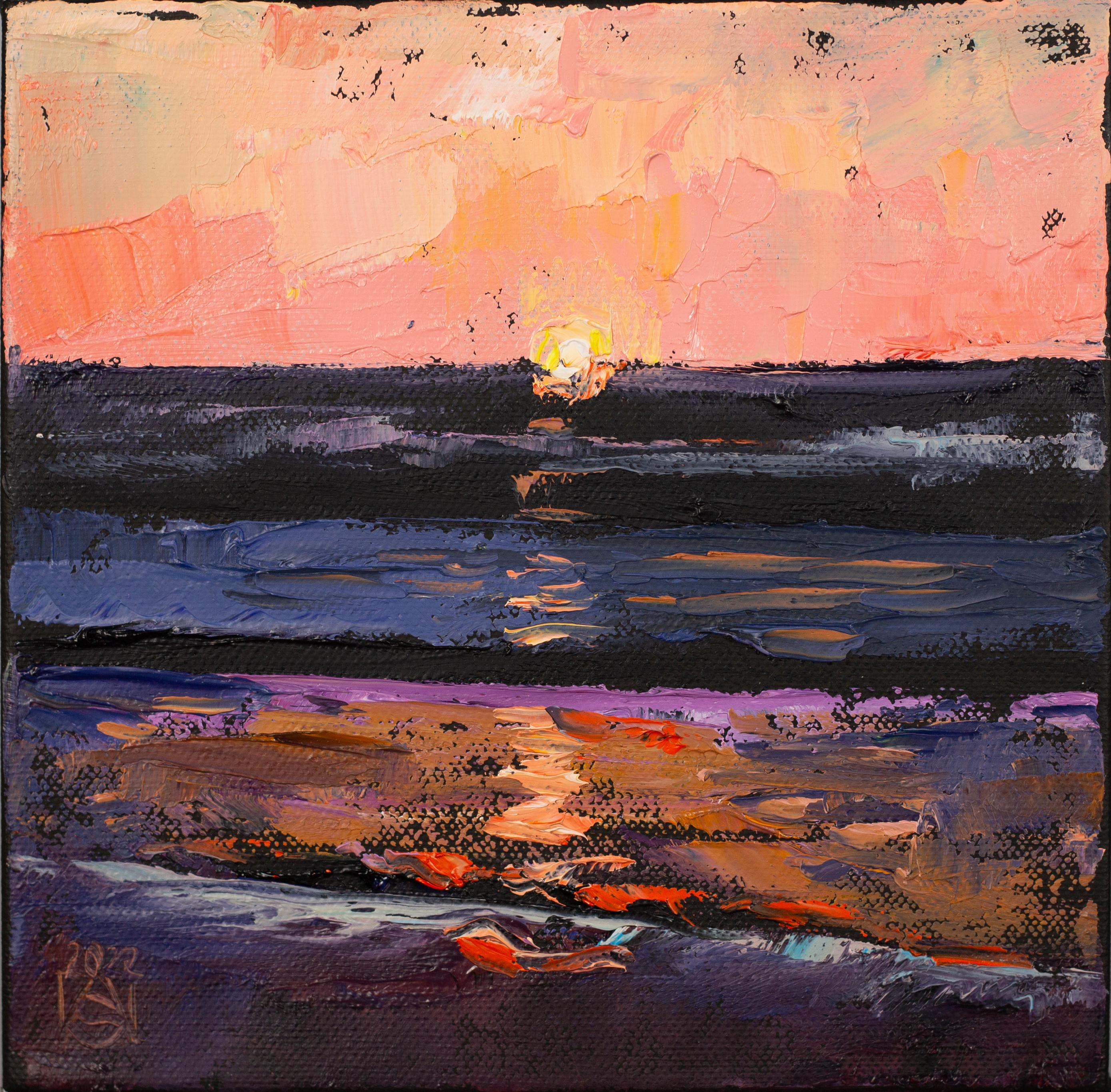 The painting "Sunset in Los Angeles" is made in oil on canvas measuring 20x20 cm and depicts a moment of solitary observation of the evening sunset. Thousands of people come to the shore to enjoy this beautiful picture given by nature. The reddish