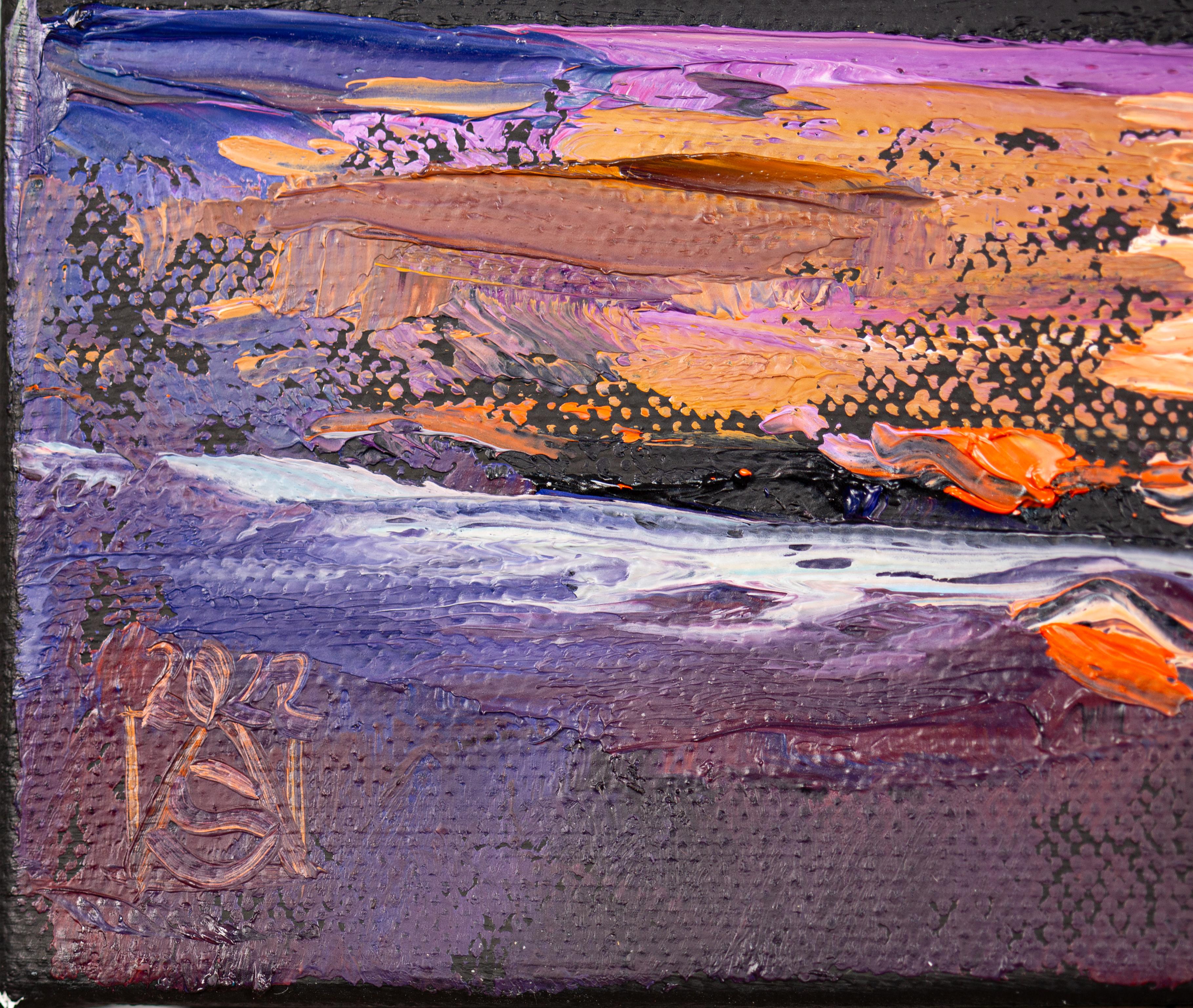 Sunset in Los Angeles. Square, oil, sunset, ocean, beach, Los Angeles - Black Landscape Painting by Anna Shesterikova