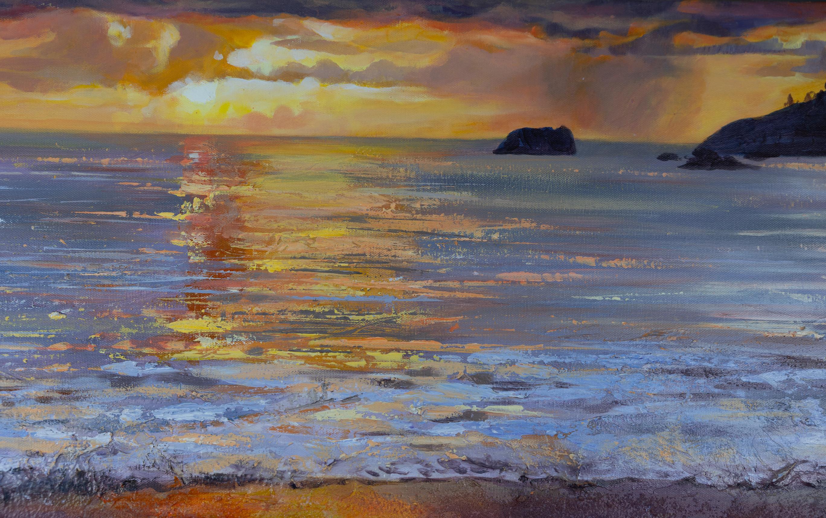 Tramonto sulla spiaggia di Anse Intendance. Acrilico, impressionismo, paesaggio, grande in vendita 1