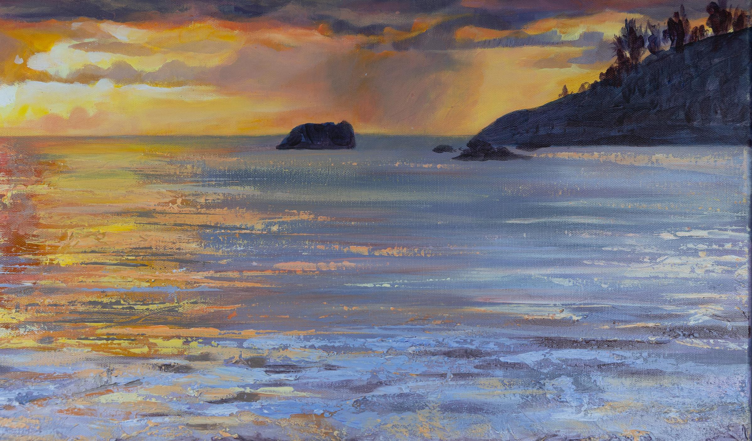 Tramonto sulla spiaggia di Anse Intendance. Acrilico, impressionismo, paesaggio, grande in vendita 2