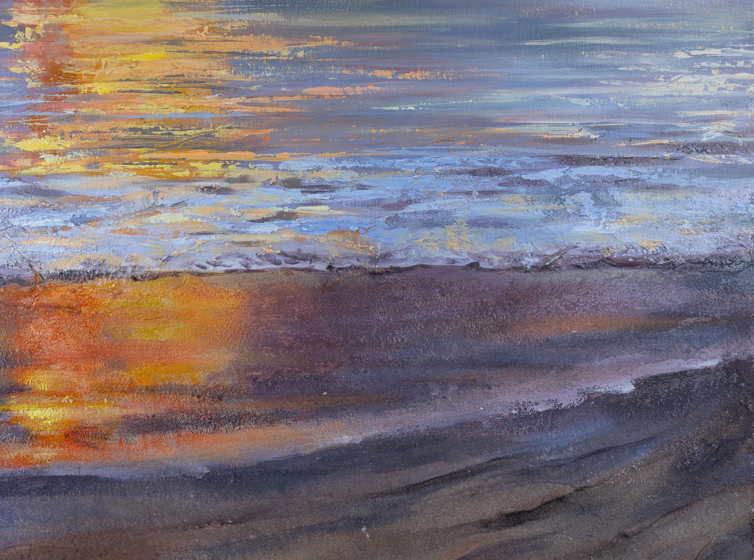Tramonto sulla spiaggia di Anse Intendance. Acrilico, impressionismo, paesaggio, grande in vendita 3