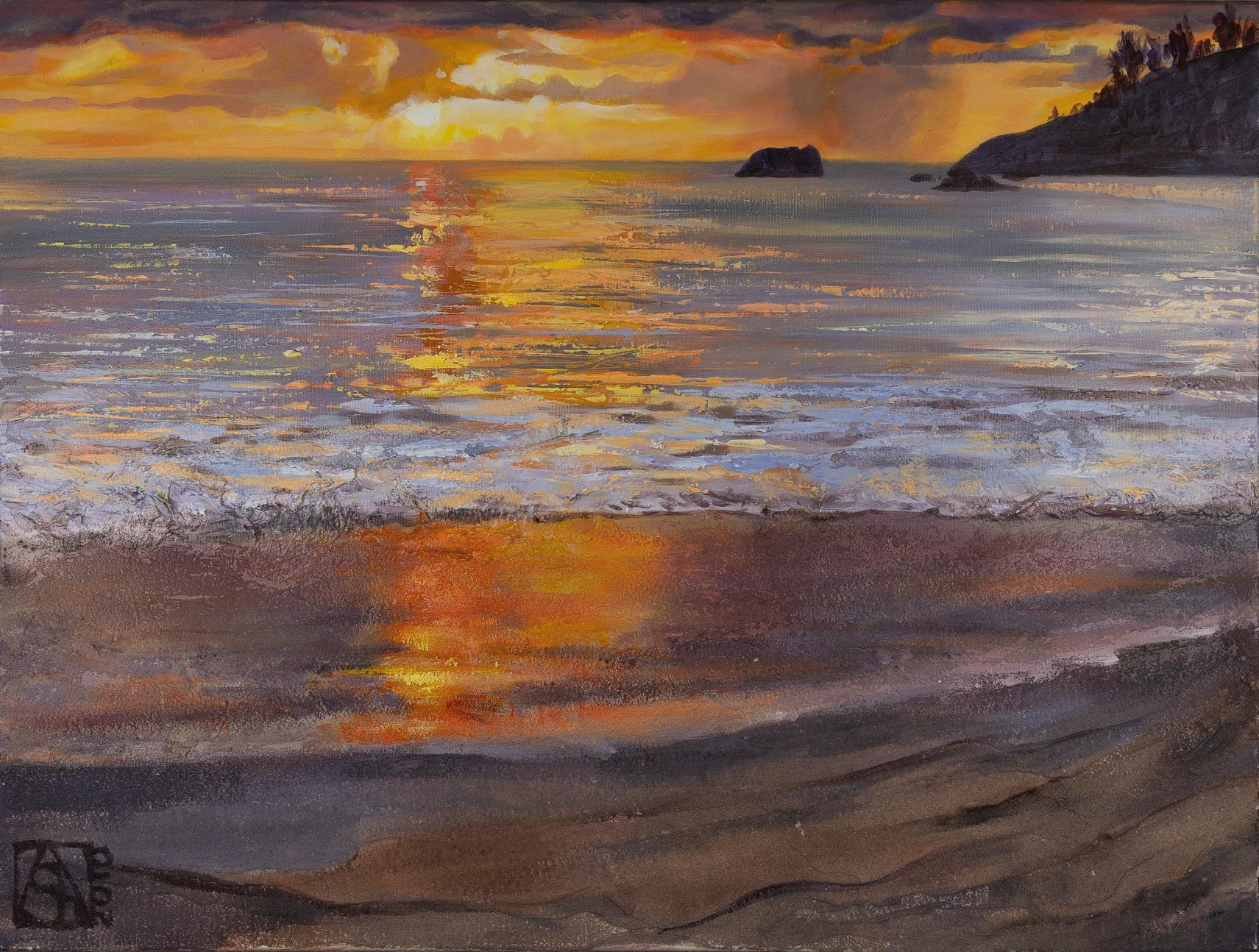Landscape Painting di Anna Shesterikova - Tramonto sulla spiaggia di Anse Intendance. Acrilico, impressionismo, paesaggio, grande