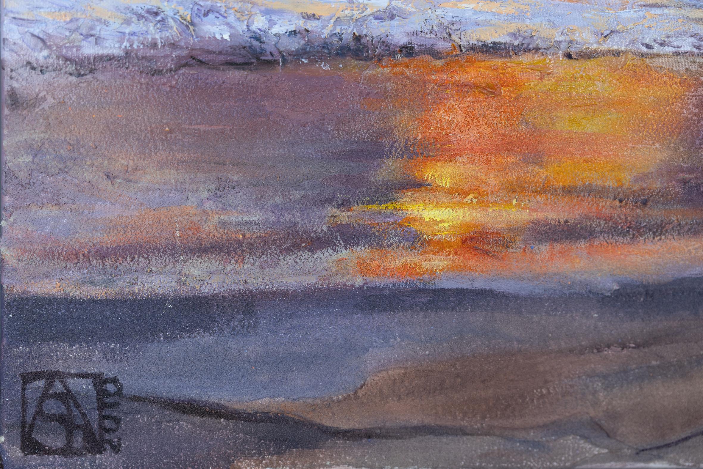 Sonnenuntergang am Anse Intendance Beach (Braun), Landscape Painting, von Anna Shesterikova