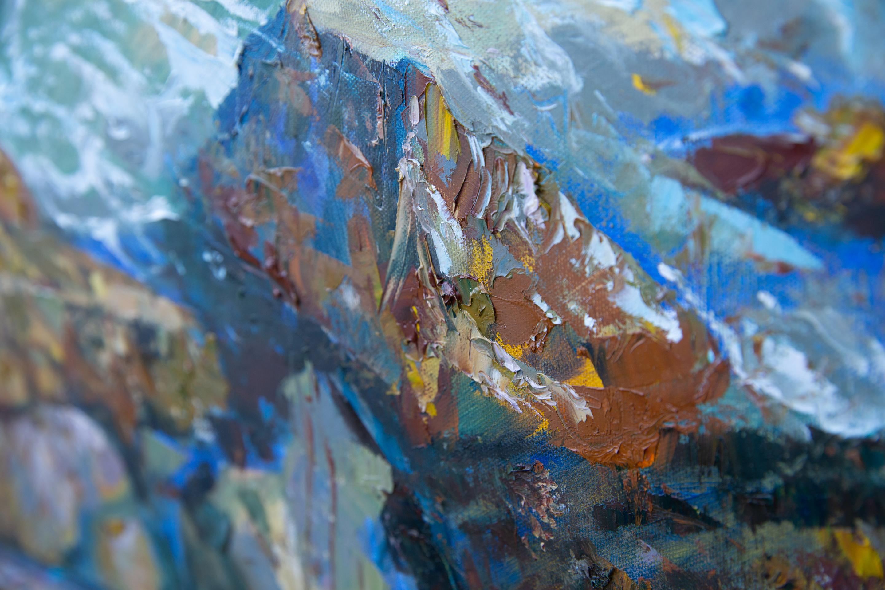 Surf In Menton. Horizontal, realism, impressionism, seascape, sea, blue, France For Sale 5
