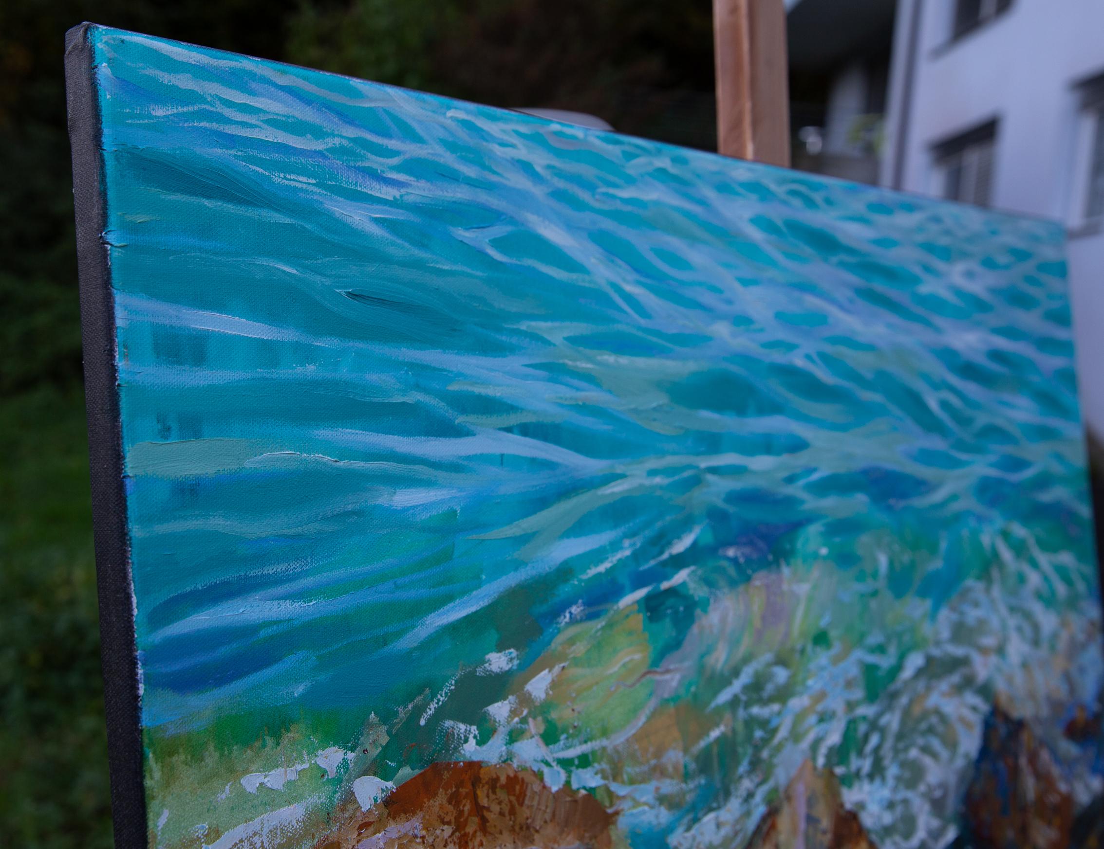 Surf In Menton. Horizontal, realism, impressionism, seascape, sea, blue, France - Painting by Anna Shesterikova