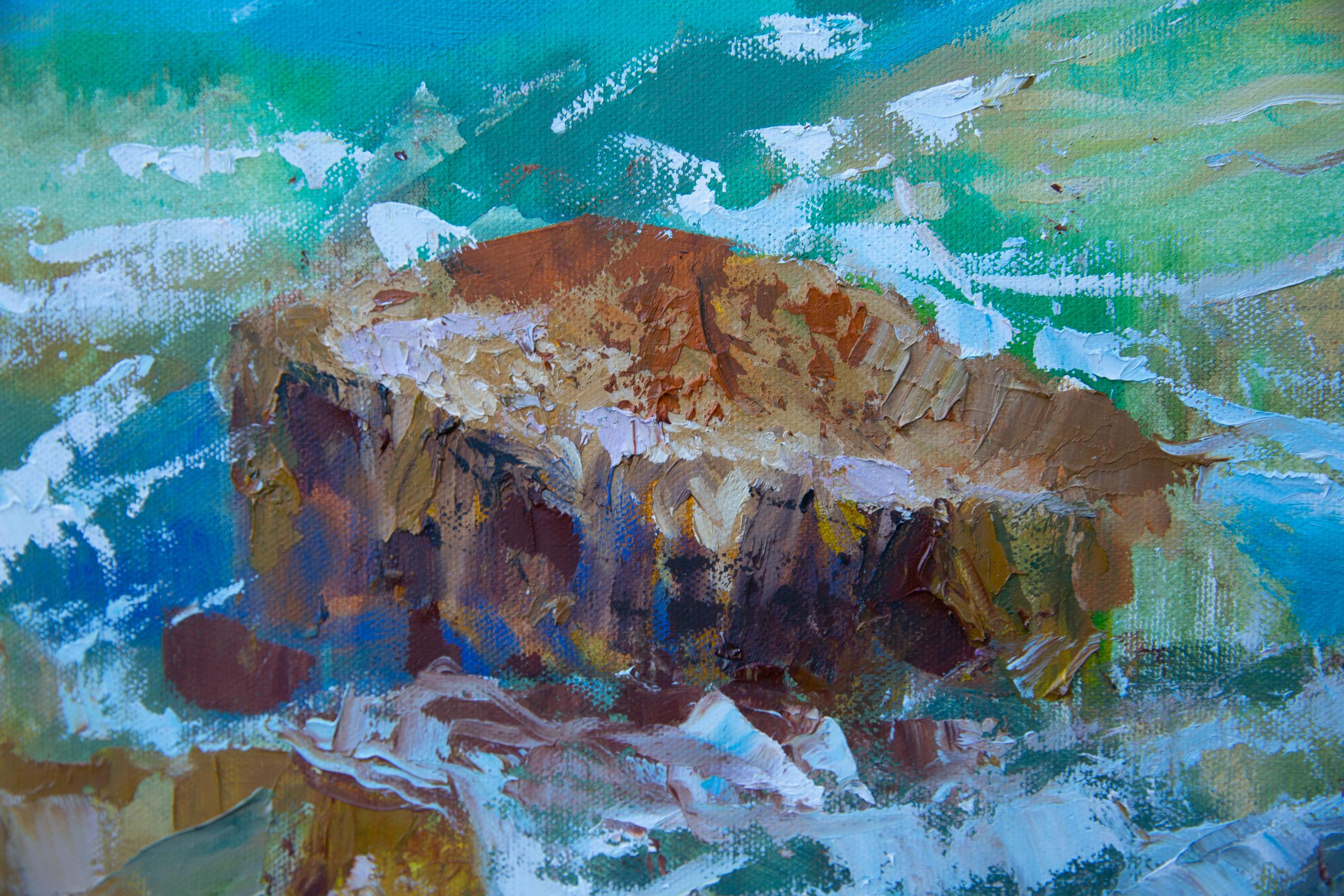 Surf In Menton. Horizontal, realism, impressionism, seascape, sea, blue, France For Sale 2