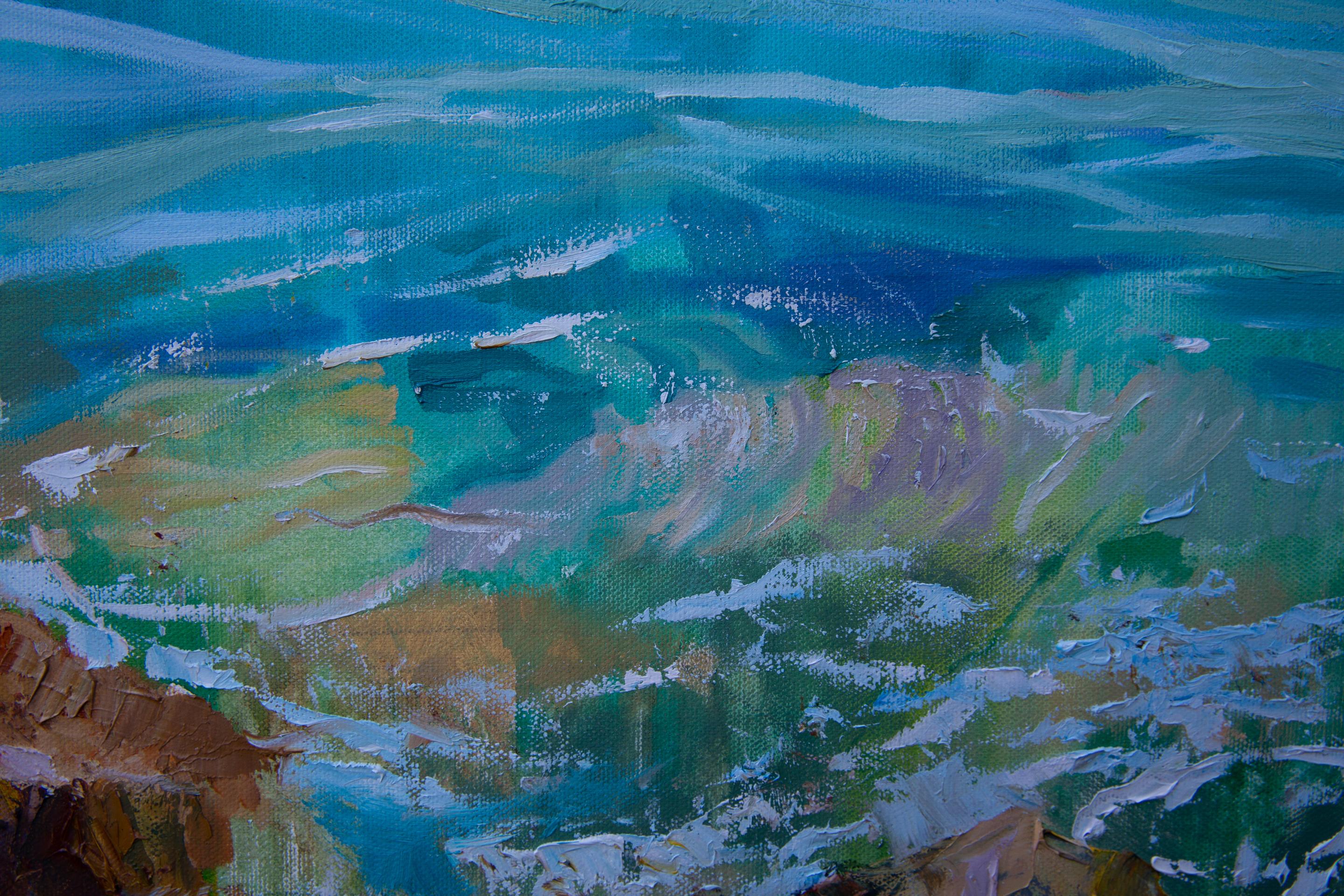 Surf In Menton. Horizontal, realism, impressionism, seascape, sea, blue, France For Sale 3