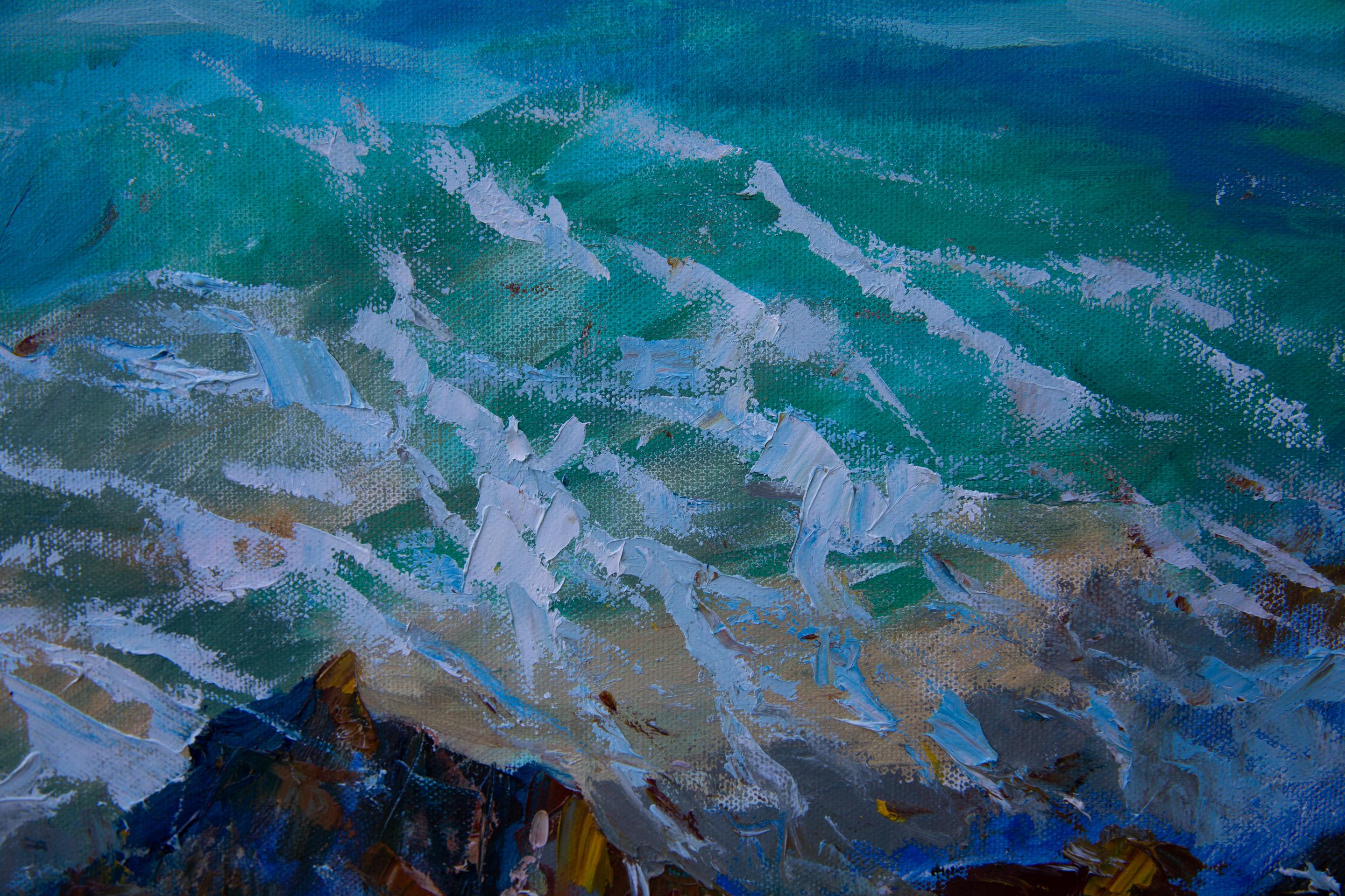 Surf In Menton. Horizontal, realism, impressionism, seascape, sea, blue, France For Sale 4