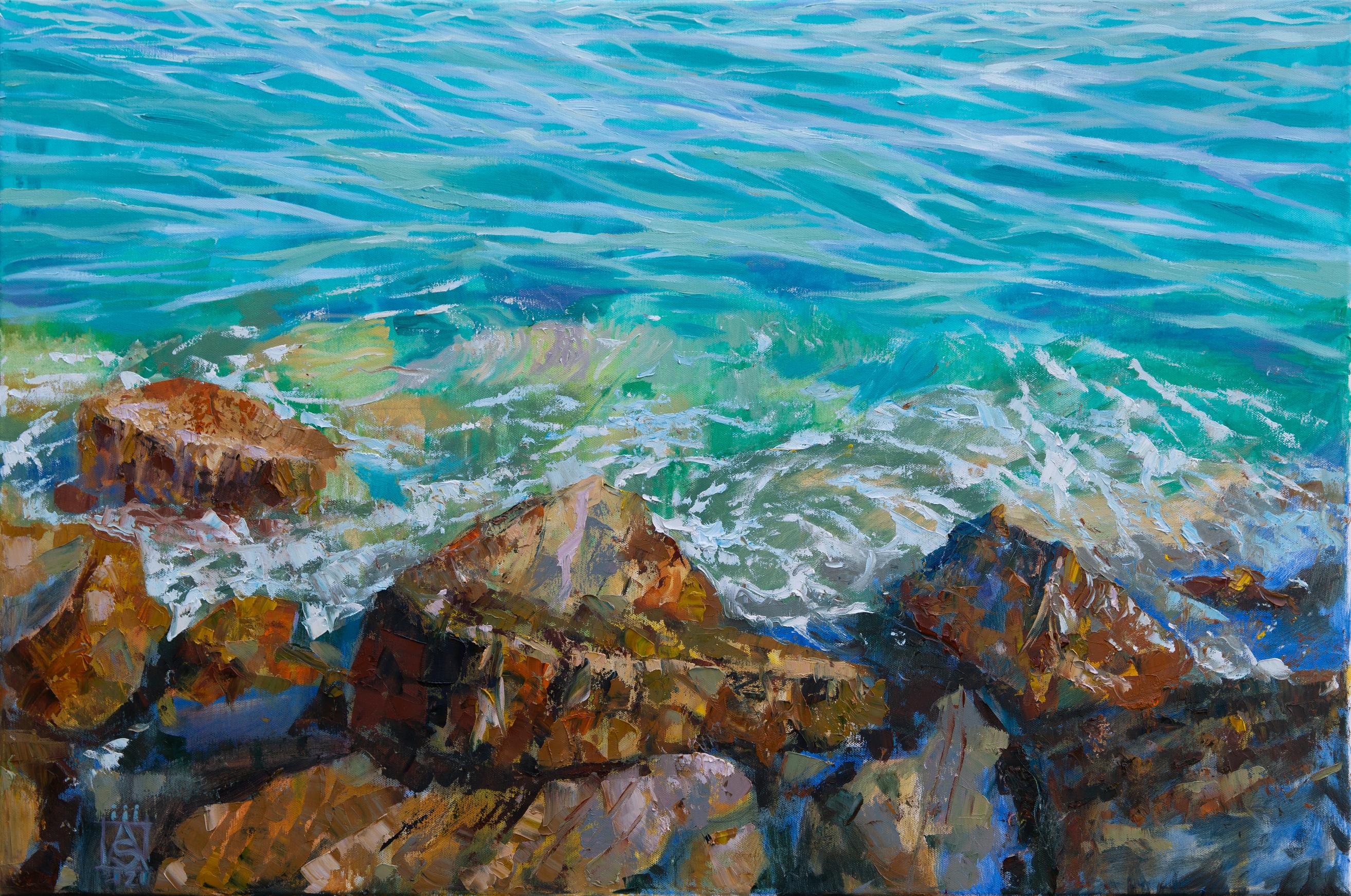 Anna Shesterikova Landscape Painting - Surf In Menton. Horizontal, realism, impressionism, seascape, sea, blue, France