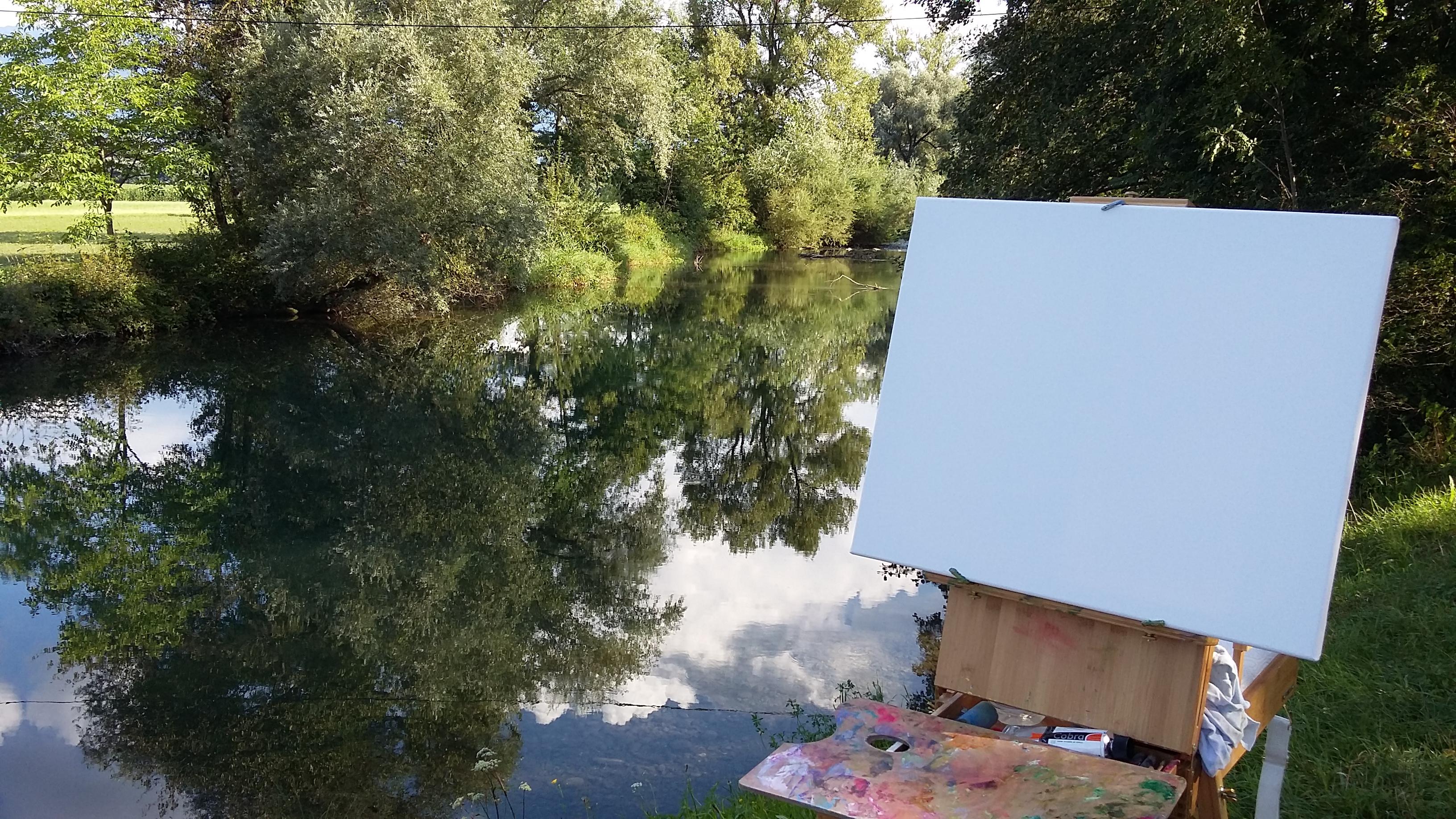 Tank ditch im Juni. Landschaft in Öl, Impressionismus, horizontal, Natur, See im Angebot 5