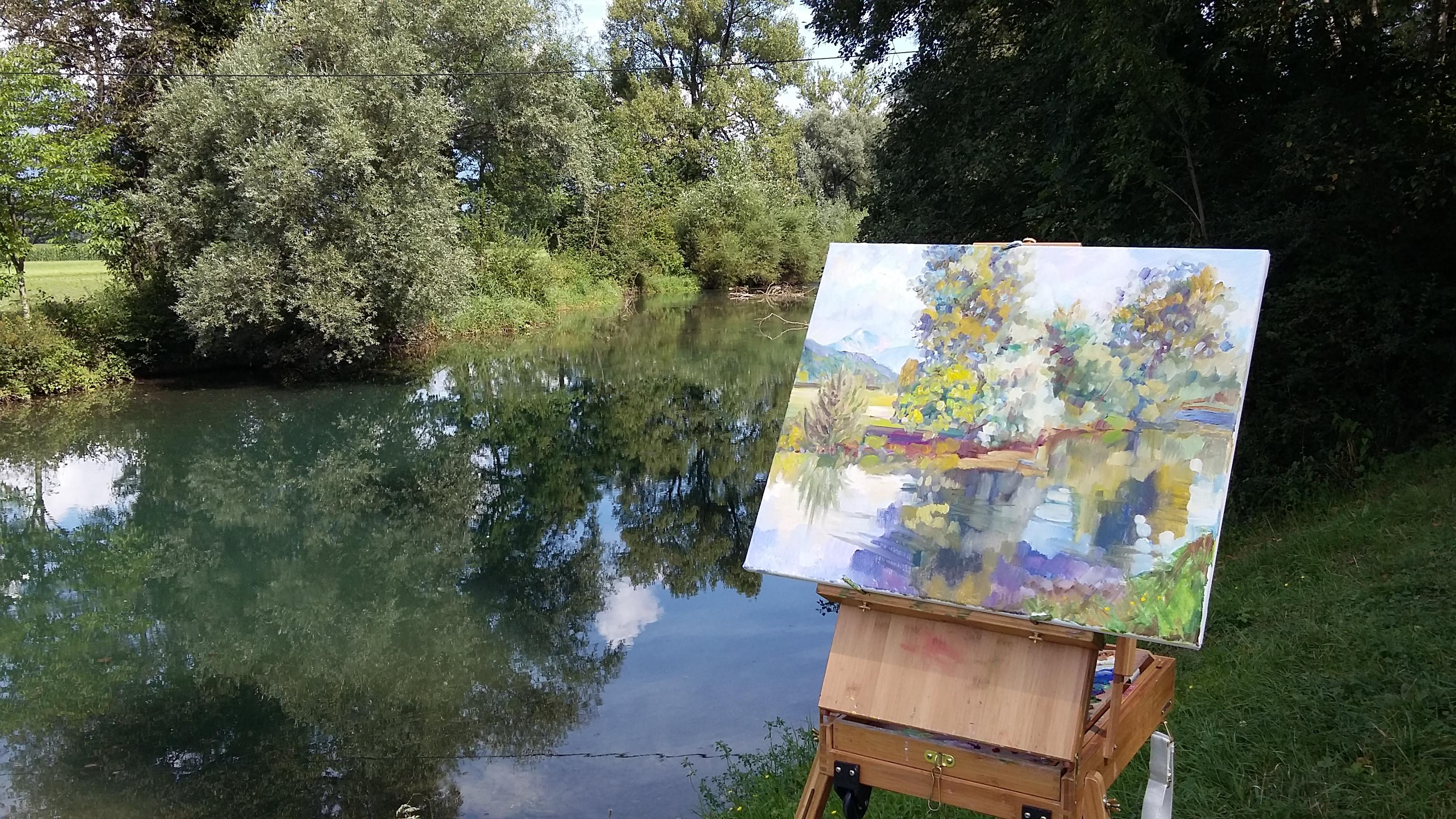Tank ditch im Juni. Landschaft in Öl, Impressionismus, horizontal, Natur, See im Angebot 6