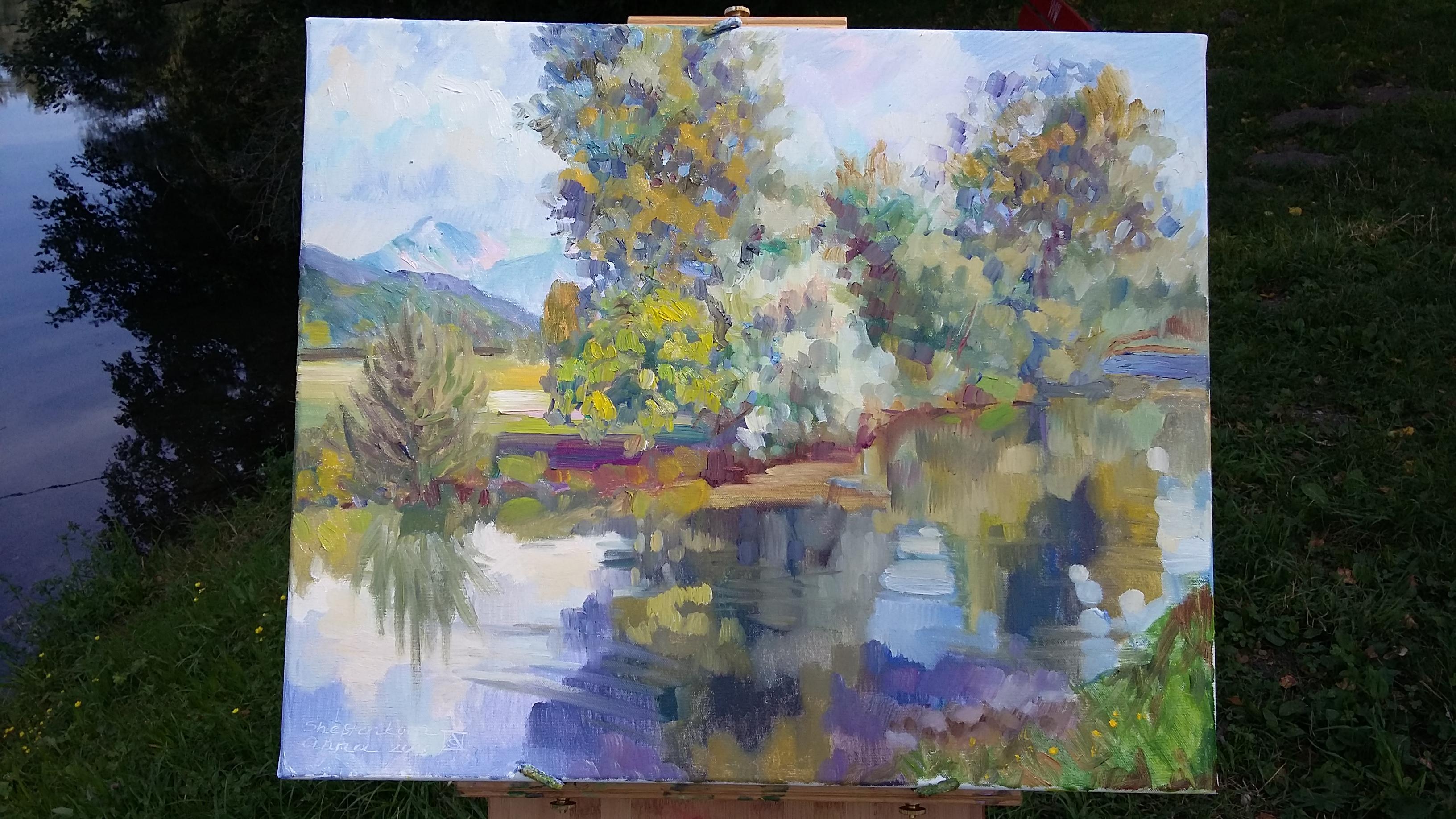 Tank ditch im Juni. Landschaft in Öl, Impressionismus, horizontal, Natur, See im Angebot 7