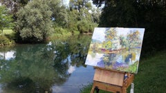 Tank ditch in June. Landscape in oil, impressionism, horizontal, nature, lake