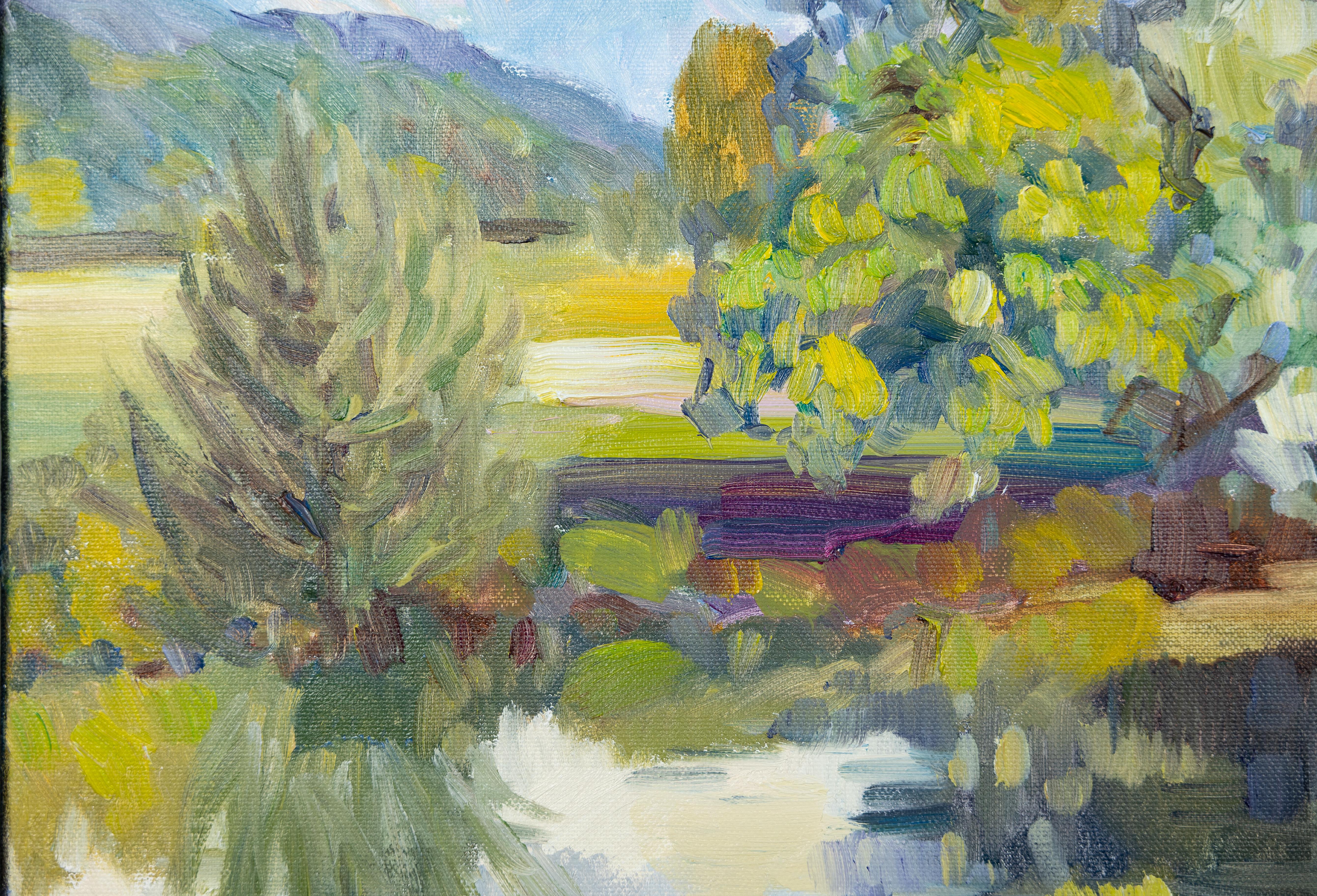 Tank ditch im Juni. Landschaft in Öl, Impressionismus, horizontal, Natur, See im Angebot 1