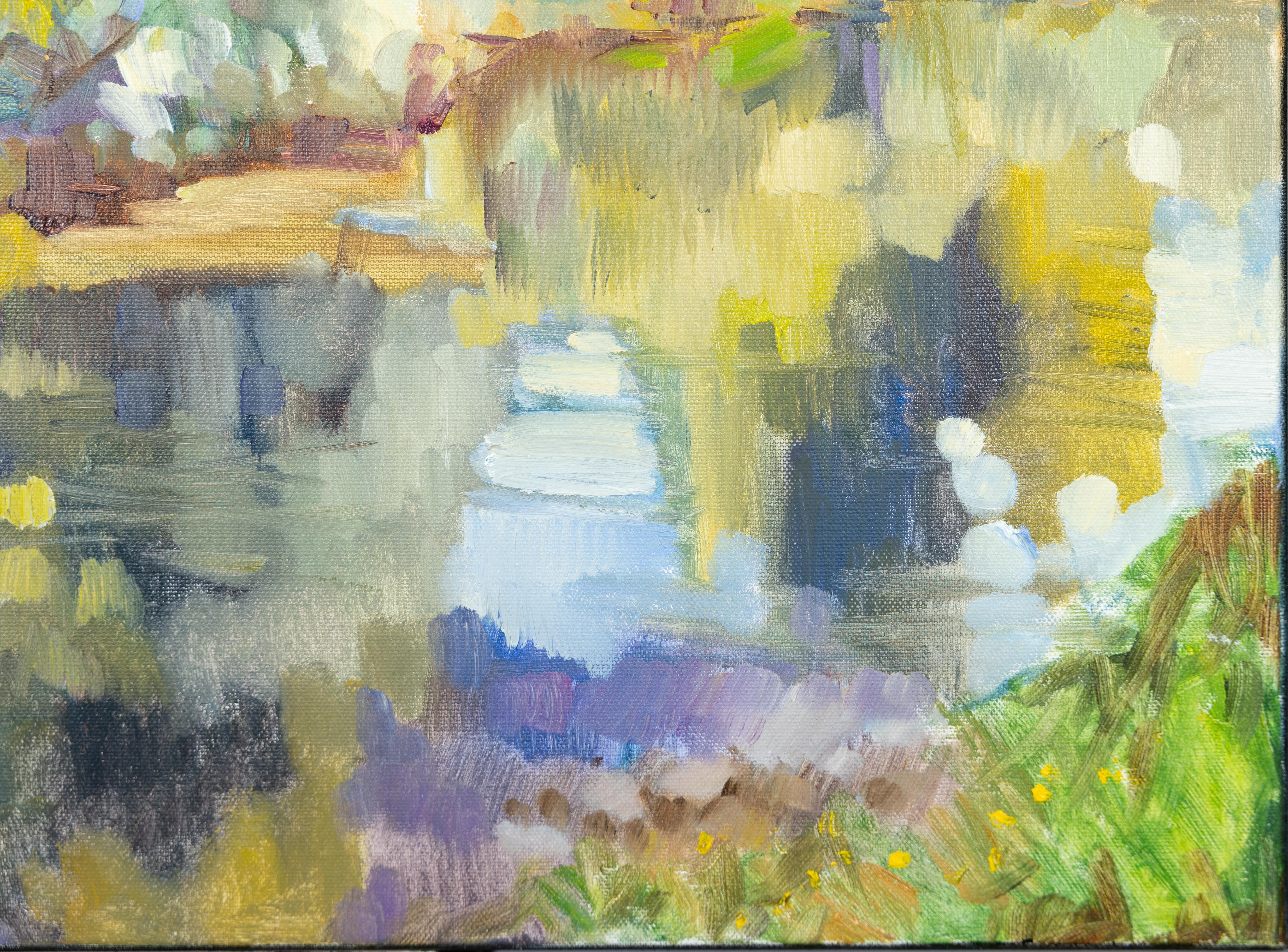 Tank ditch im Juni. Landschaft in Öl, Impressionismus, horizontal, Natur, See im Angebot 4