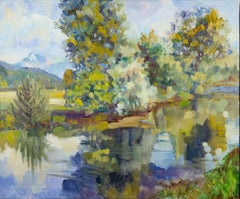 Tank ditch in June. Landscape in oil, impressionism, horizontal, nature, lake