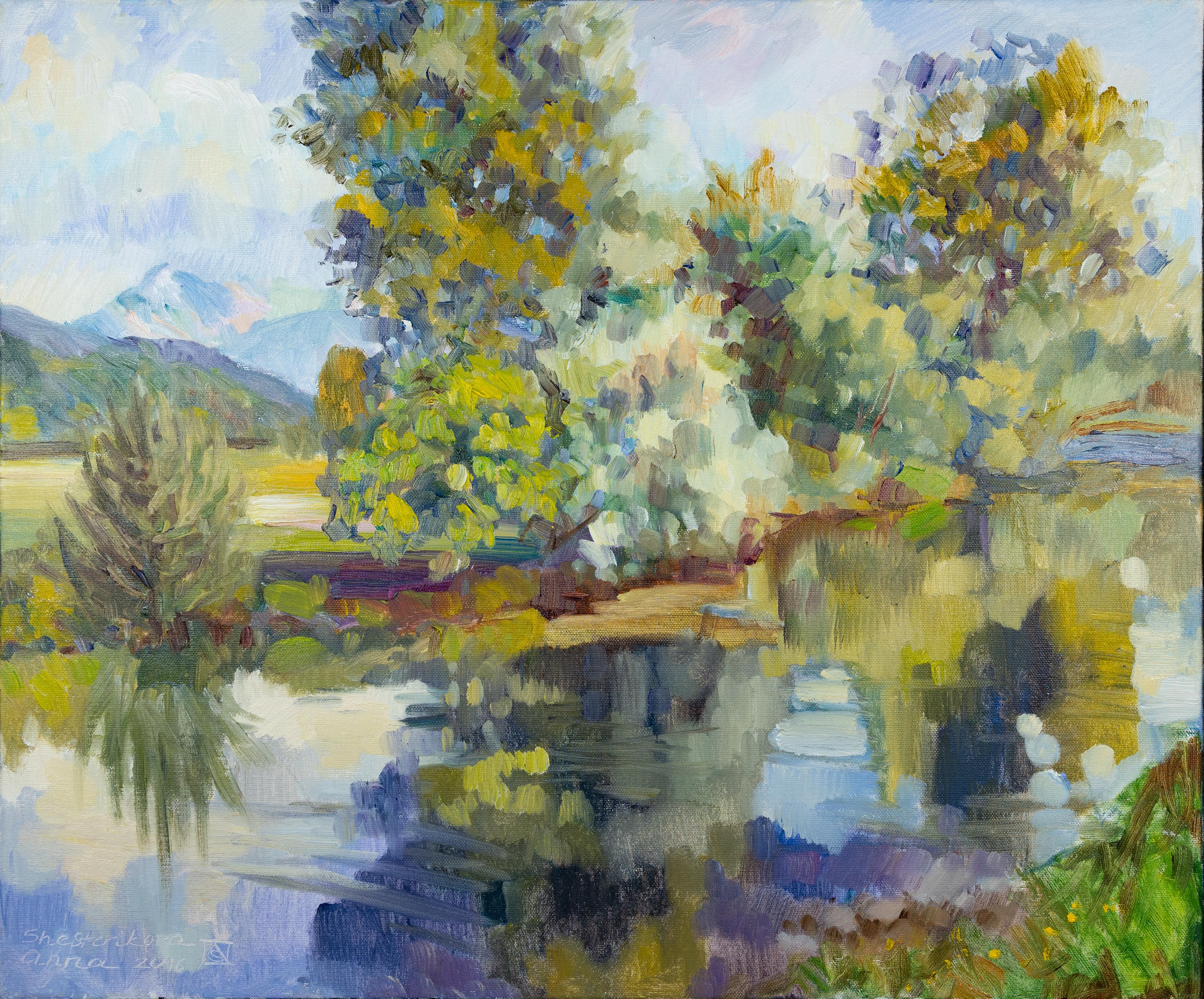 Anna Shesterikova Landscape Painting - Tank ditch in June. Landscape in oil, impressionism, horizontal, nature, lake