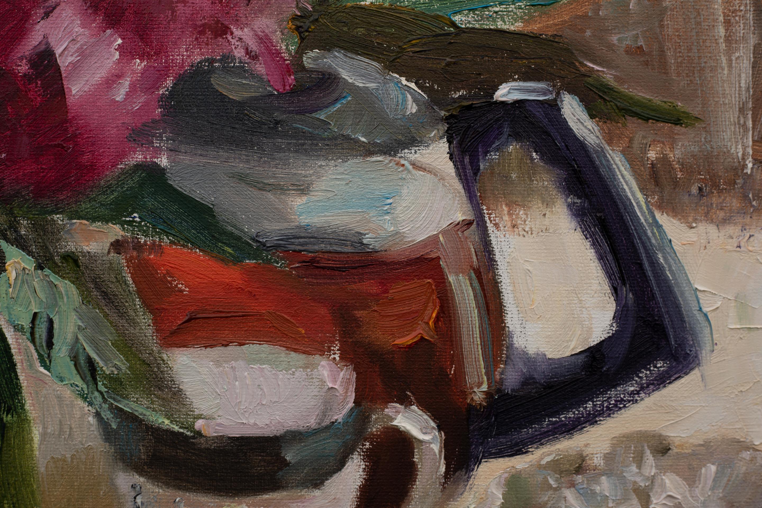 Tea Party. Flowers, fruits, still life, oil painting, sommer, impressionism For Sale 5