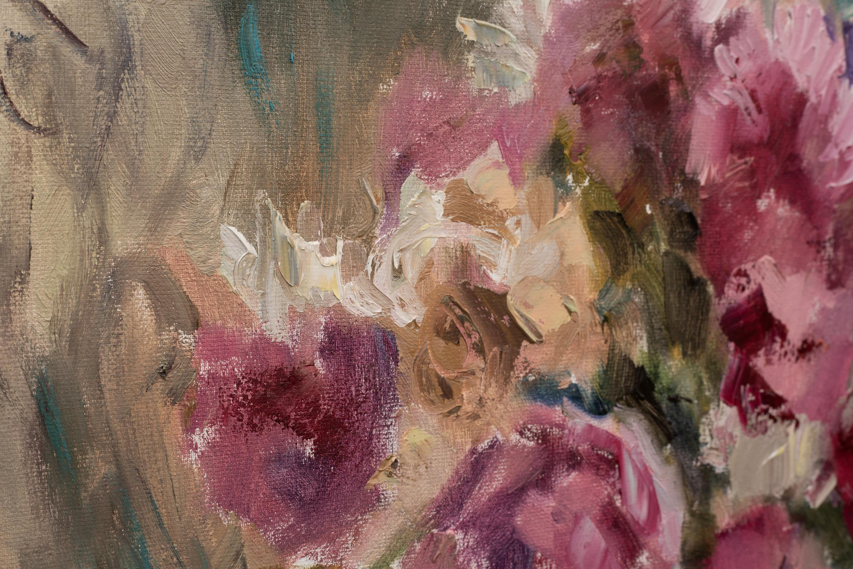 Tea Party. Flowers, fruits, still life, oil painting, sommer, impressionism For Sale 6