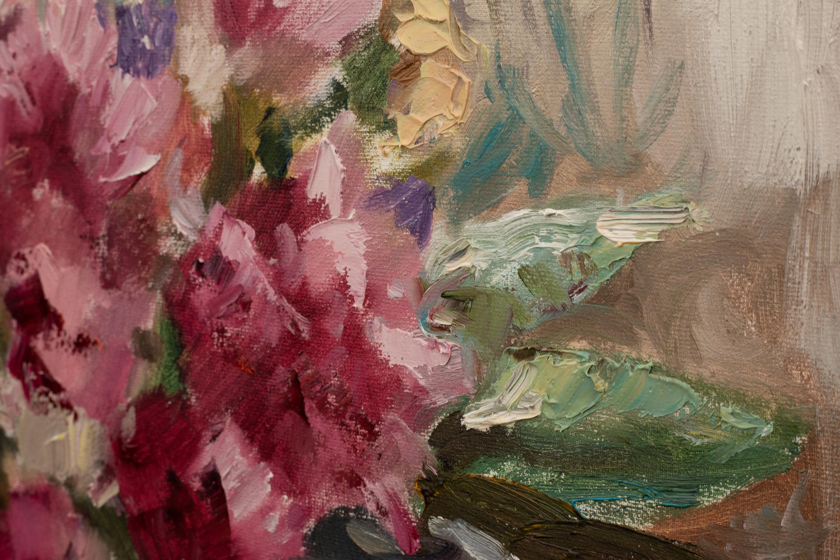 Tea Party. Flowers, fruits, still life, oil painting, sommer, impressionism For Sale 7