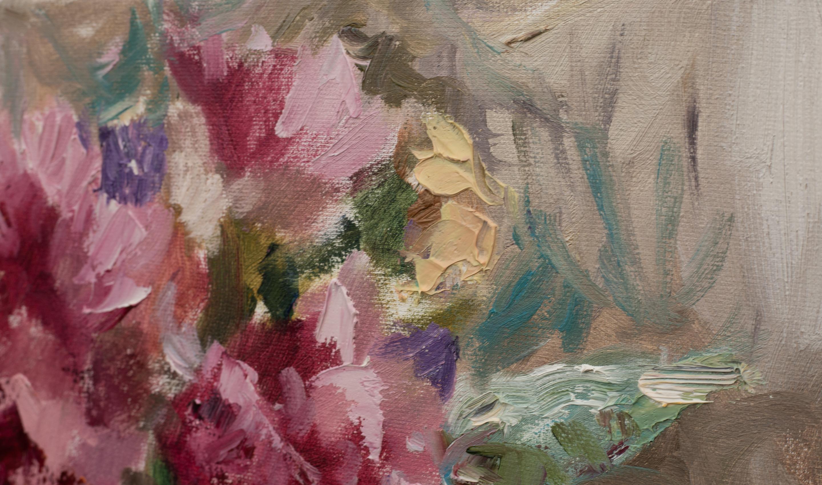 Tea Party. Flowers, fruits, still life, oil painting, sommer, impressionism For Sale 8