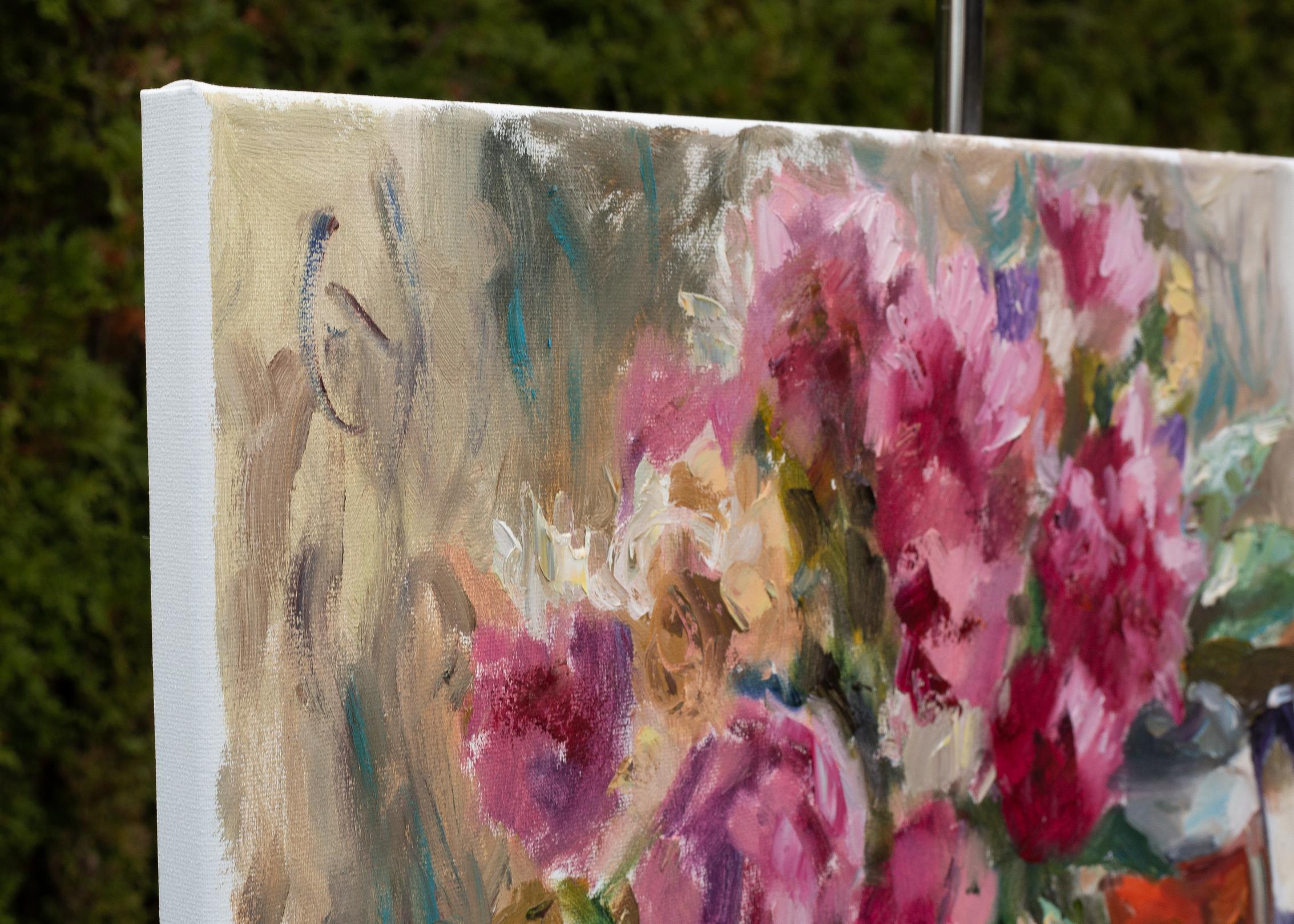 Tea Party. Blumen, Früchte, Stillleben, Ölgemälde, sommer, Impressionismus (Post-Impressionismus), Painting, von Anna Shesterikova