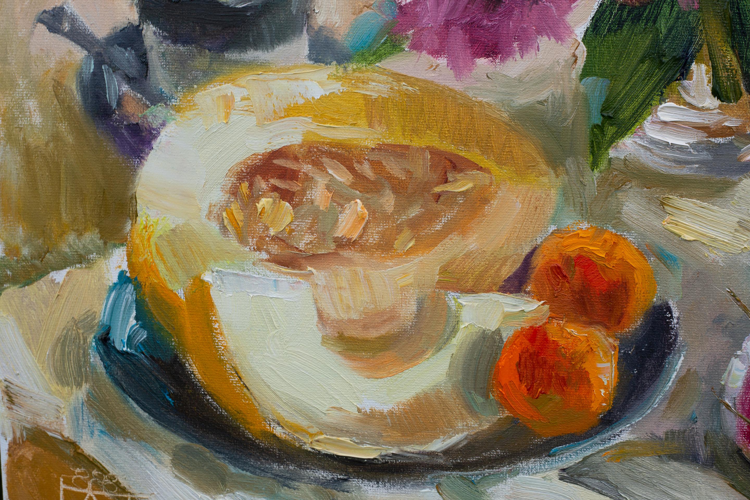 Tea Party. Flowers, fruits, still life, oil painting, sommer, impressionism For Sale 1