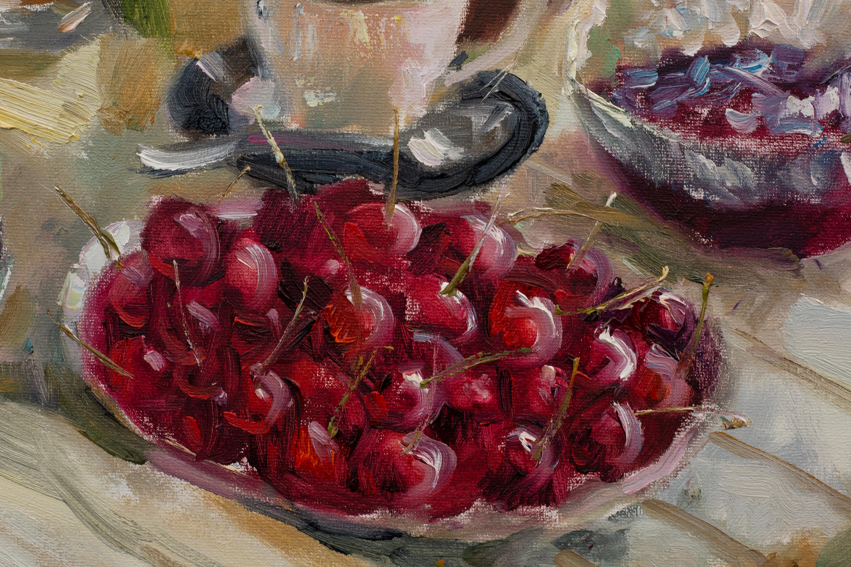 Tea Party. Flowers, fruits, still life, oil painting, sommer, impressionism For Sale 2