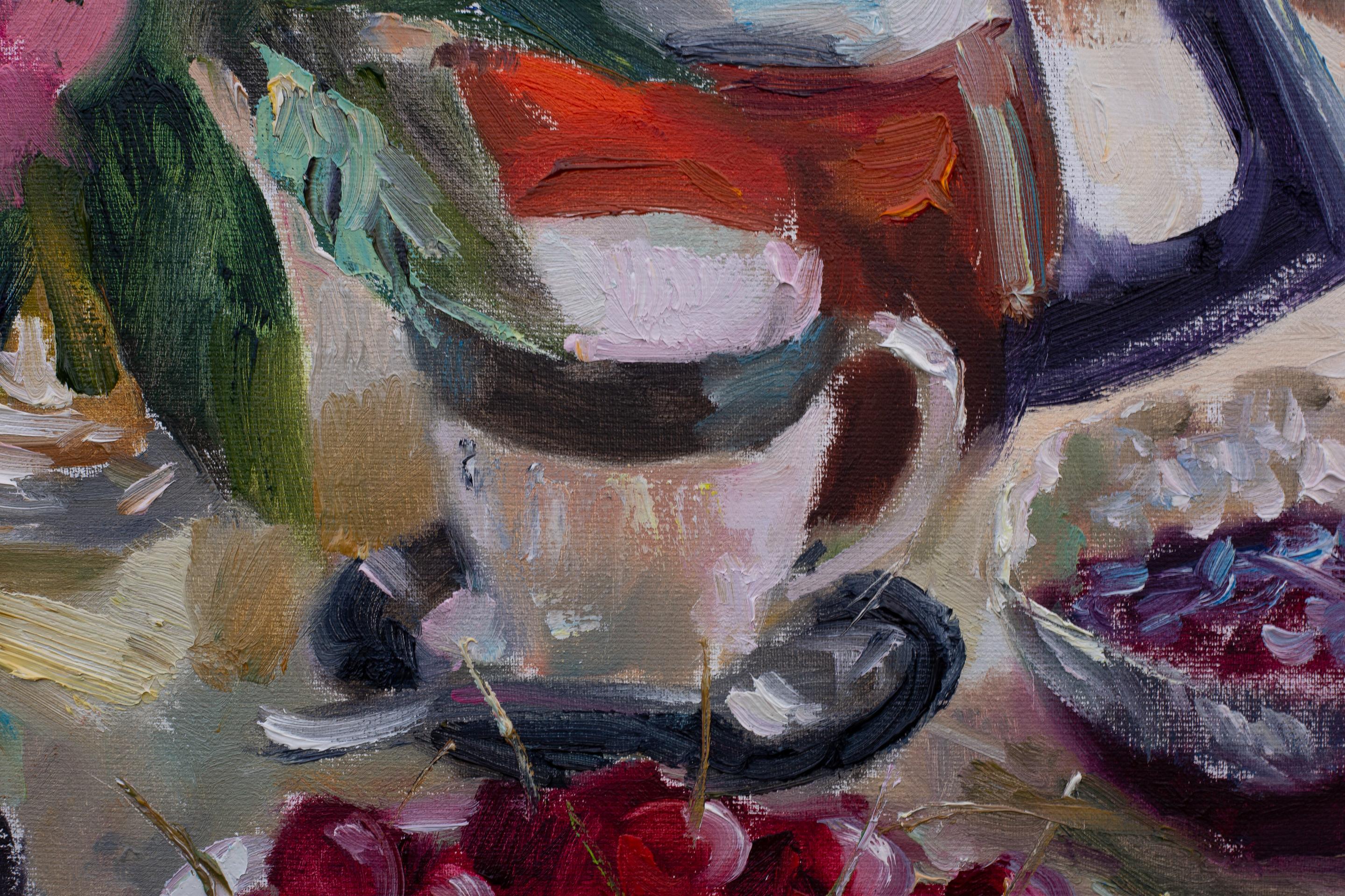 Tea Party. Flowers, fruits, still life, oil painting, sommer, impressionism For Sale 3