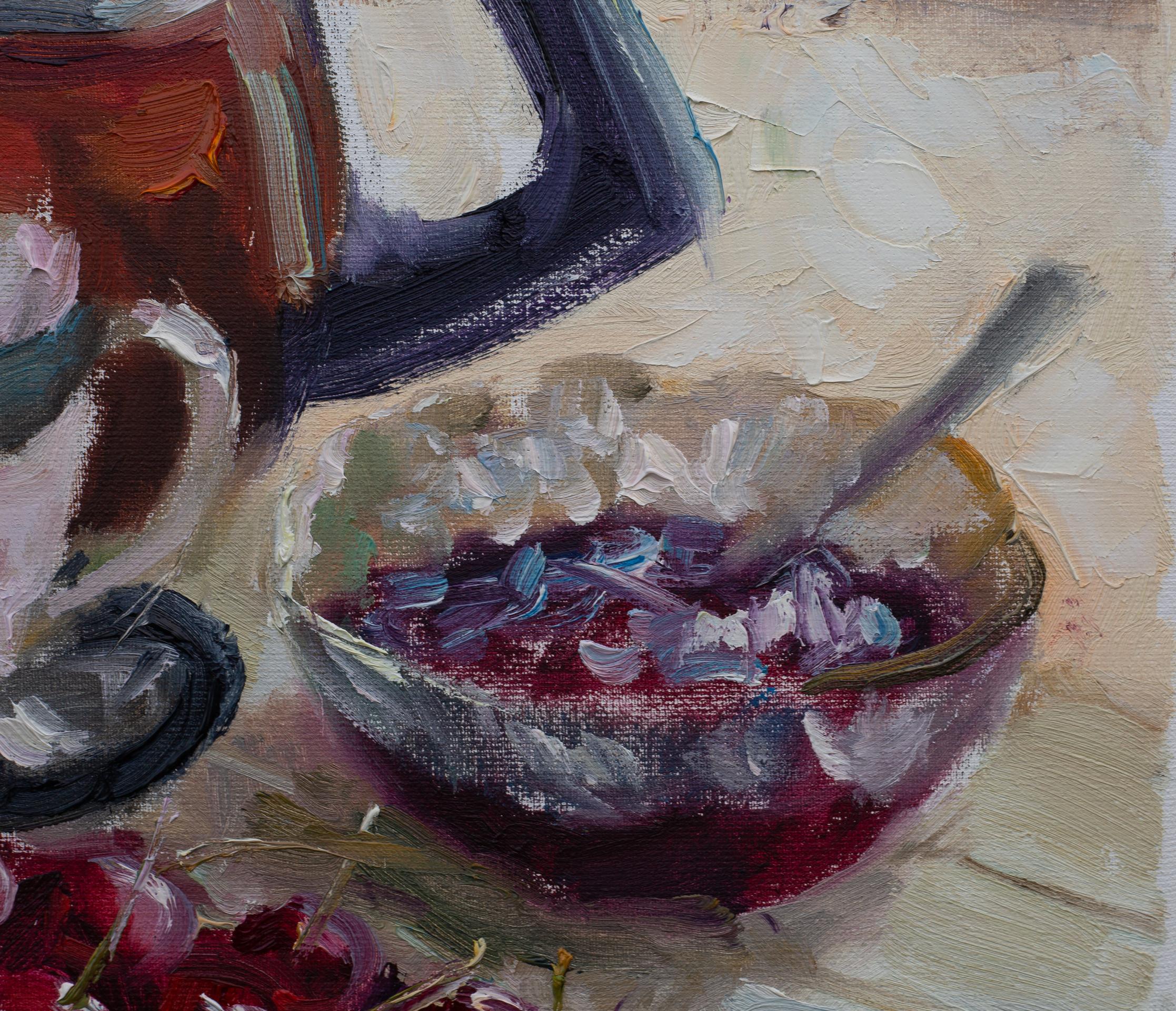 Tea Party. Flowers, fruits, still life, oil painting, sommer, impressionism For Sale 4