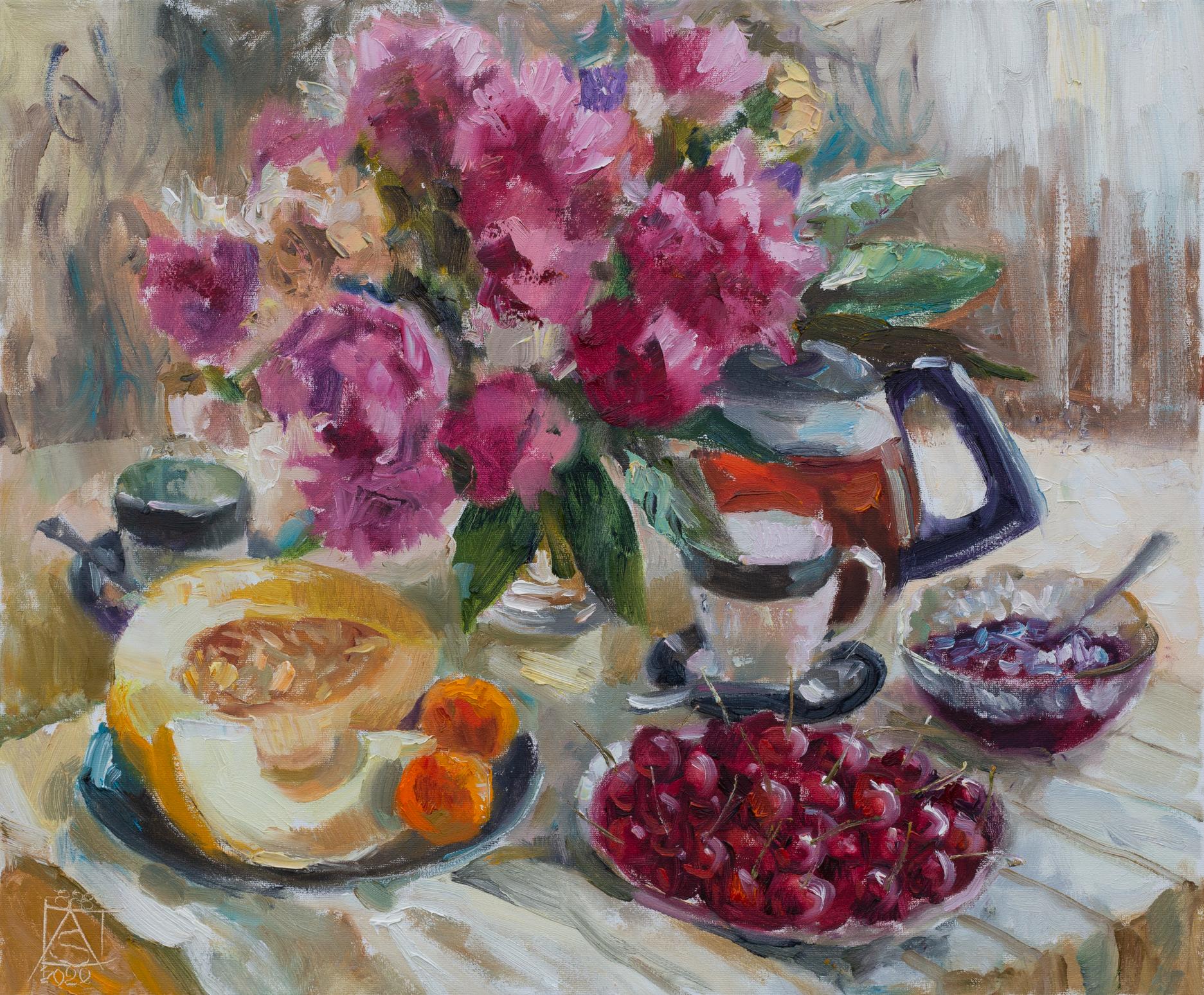 Anna Shesterikova Still-Life Painting - Tea Party. Flowers, fruits, still life, oil painting, sommer, impressionism