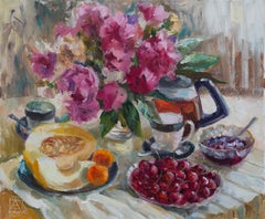 Tea Party. Fleurs, fruits, nature morte, peinture à l'huile, sommer, impressionnisme