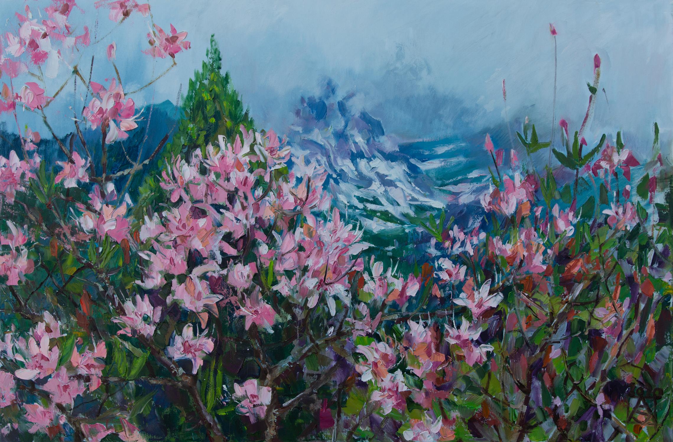 Anna Shesterikova Landscape Painting – The Freshness Of a Foggy Morning. Horizontal, landscape, impressionism, mountain