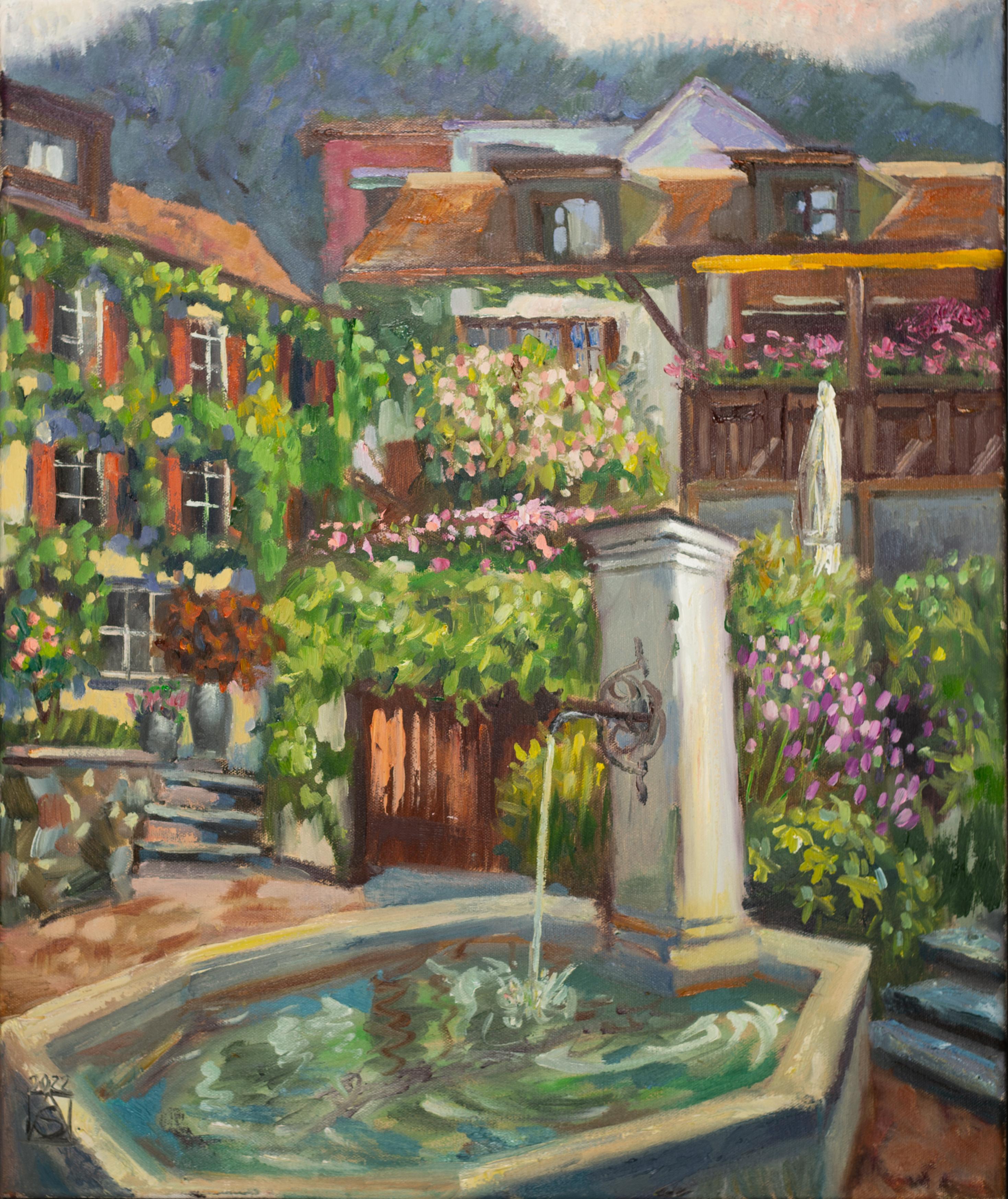 Landscape Painting Anna Shesterikova - Le vieux Vaduz, Liechtenstein. Vertical, nature, floral, fleurs, fontaine, ville