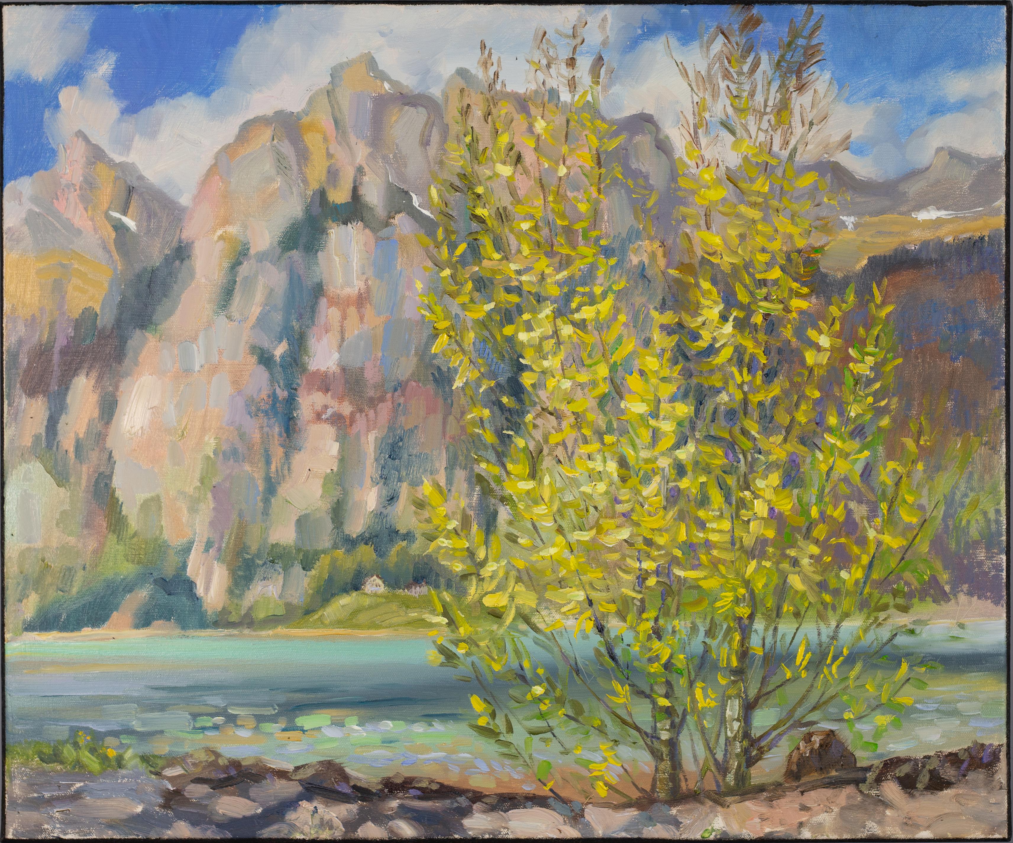 The Tenderness of the First Leaves. Impressionism, lake, tree, spring, mountains