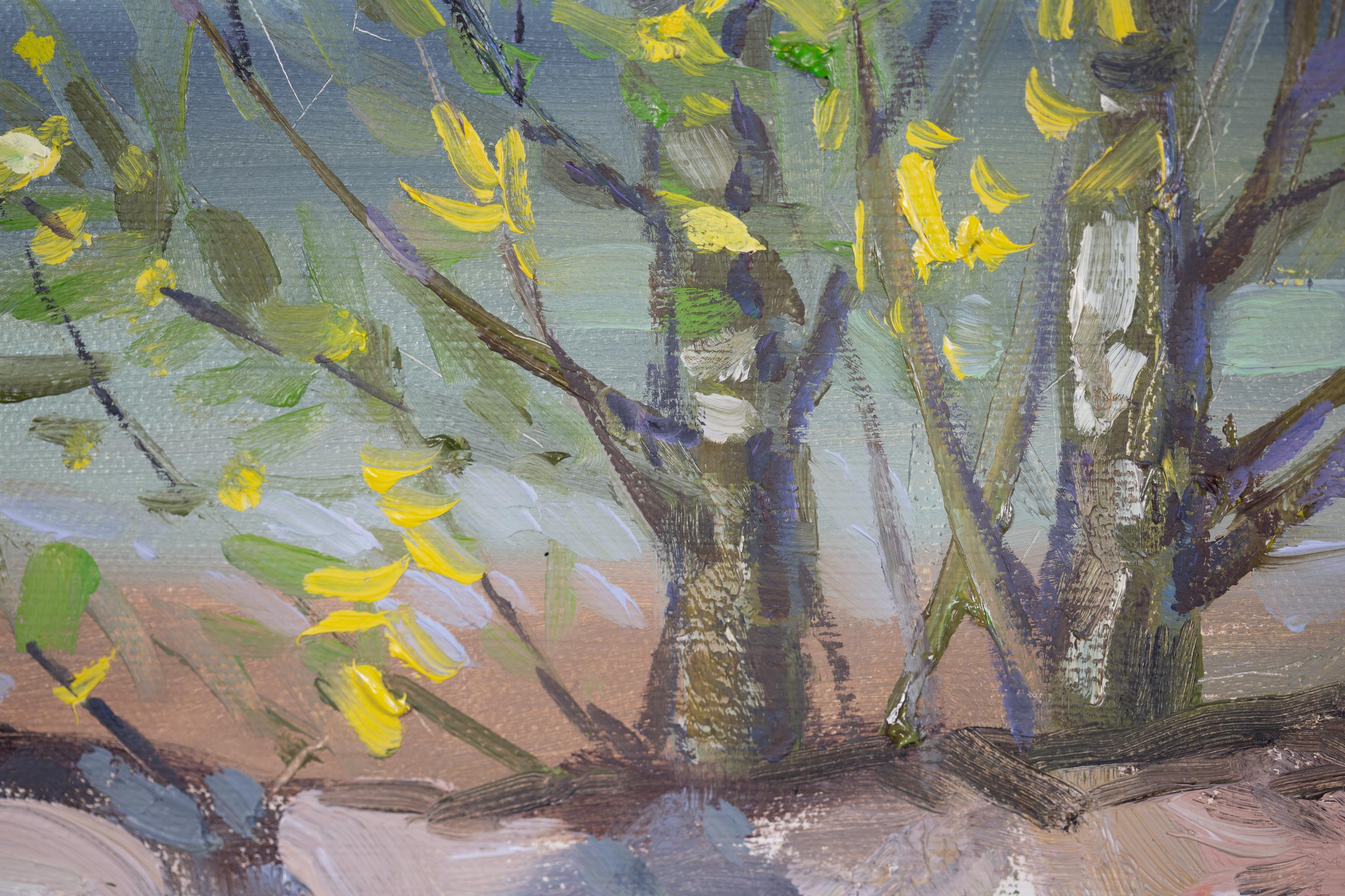 The Tenderness of the First Leaves. Nature, lake, tree, spring, mountains - Brown Landscape Painting by Anna Shesterikova