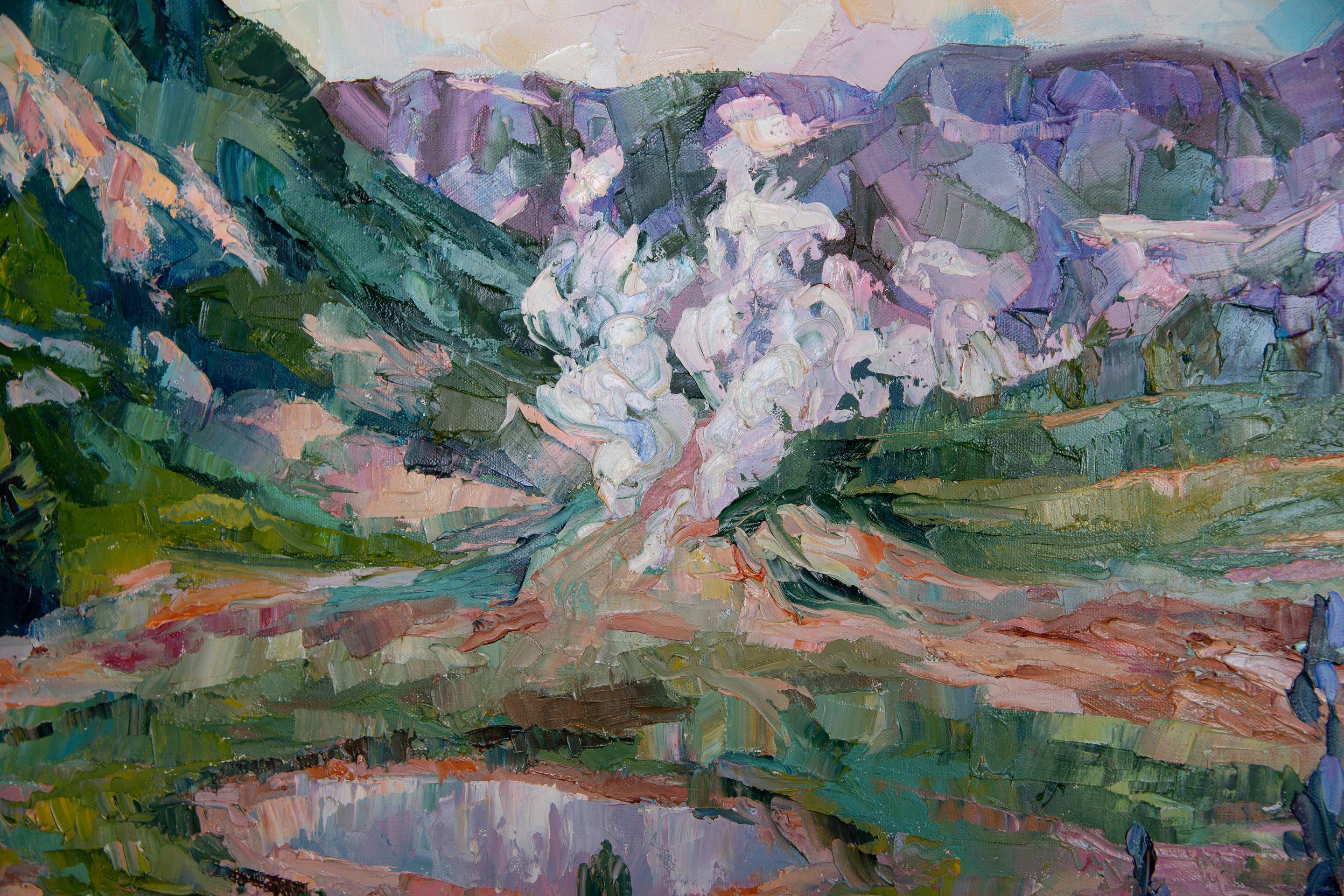 The Valley of Geysers. Landscape, lake, mountains, horizontal, impressionism For Sale 5