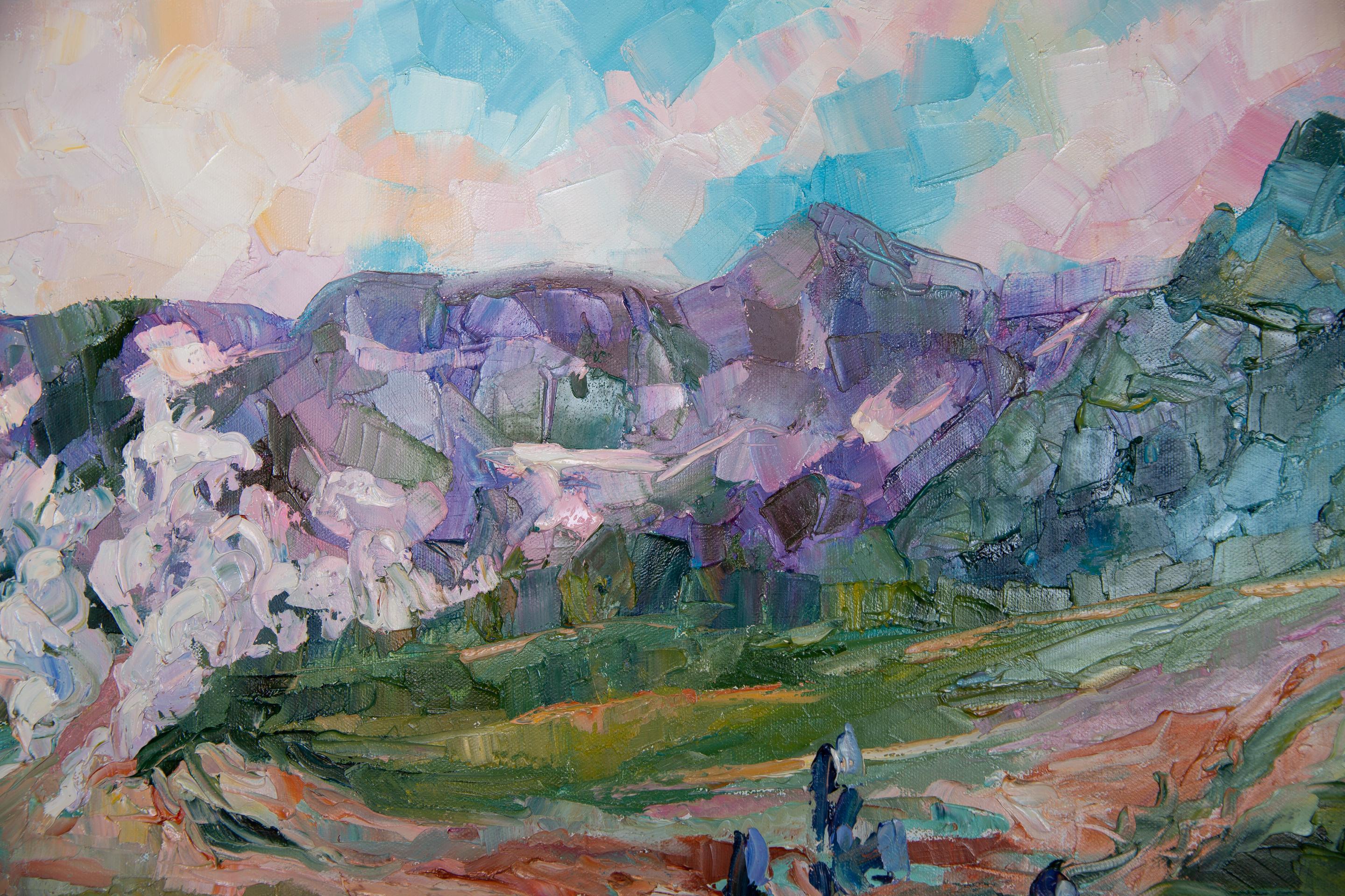 The Valley of Geysers. Landscape, lake, mountains, horizontal, impressionism For Sale 6