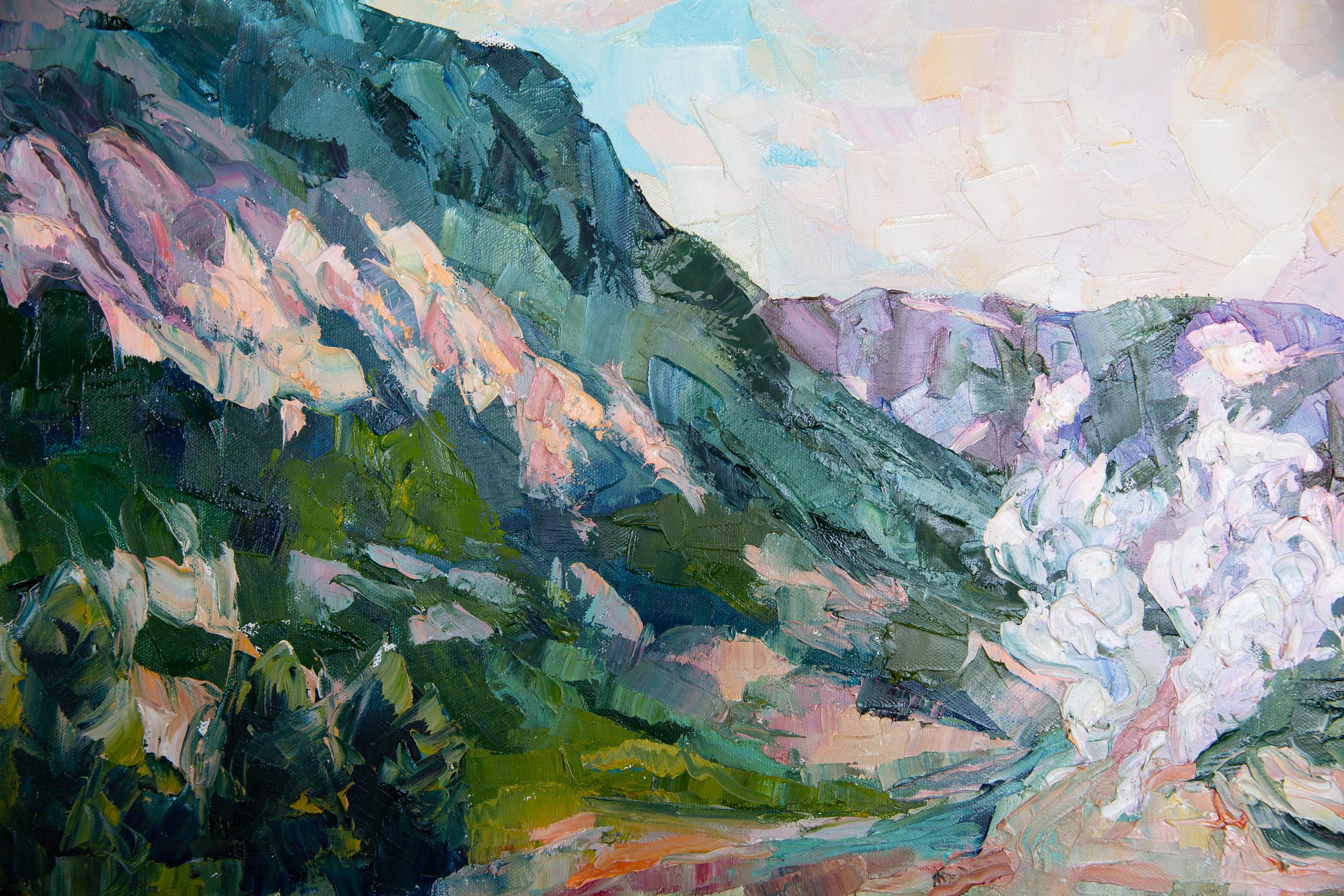 The Valley of Geysers. Landscape, lake, mountains, horizontal, impressionism For Sale 7
